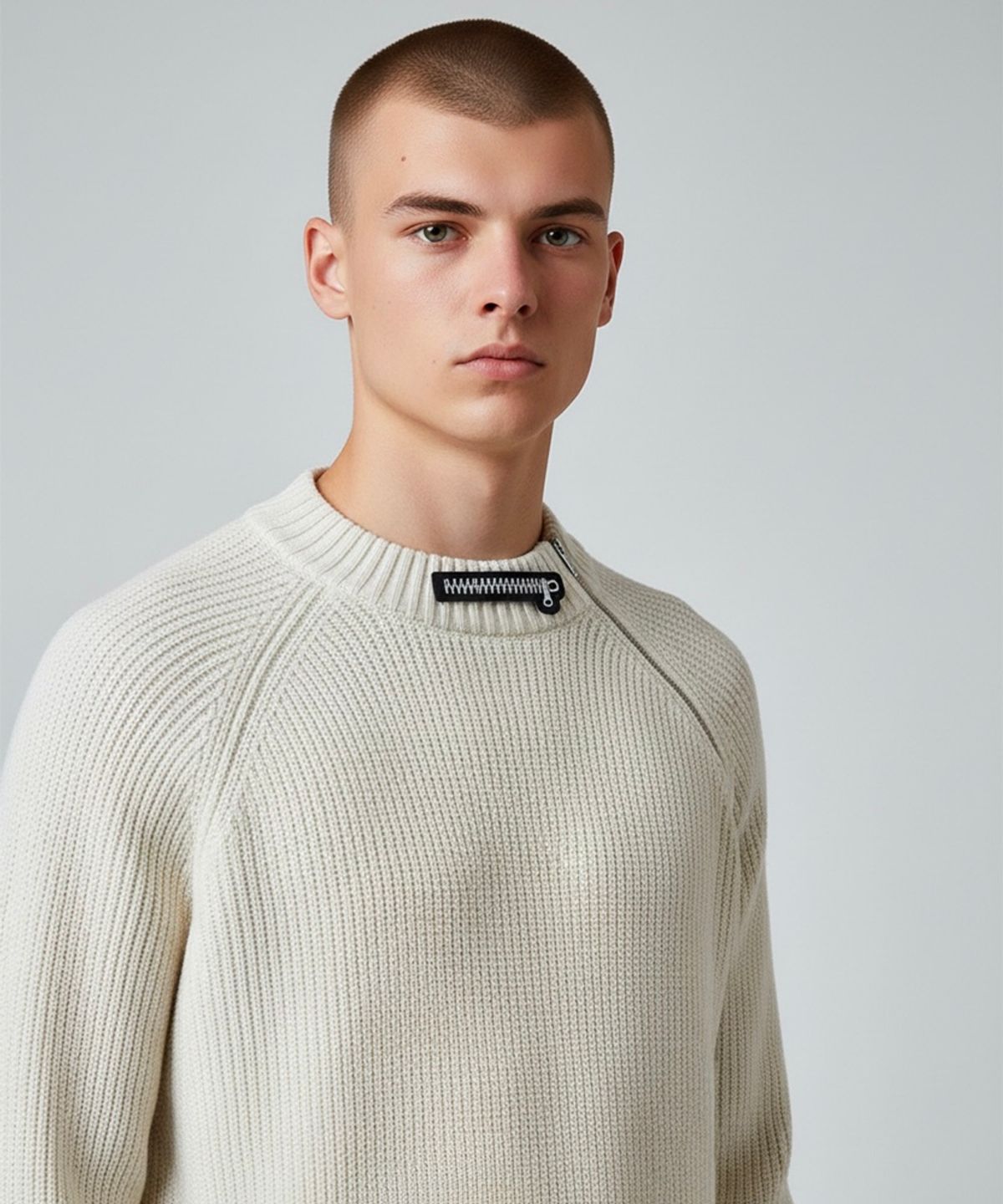 본슬리피(BORN SLIPPY) Muted Asymmetric Zip Rib Knit (Ivory)