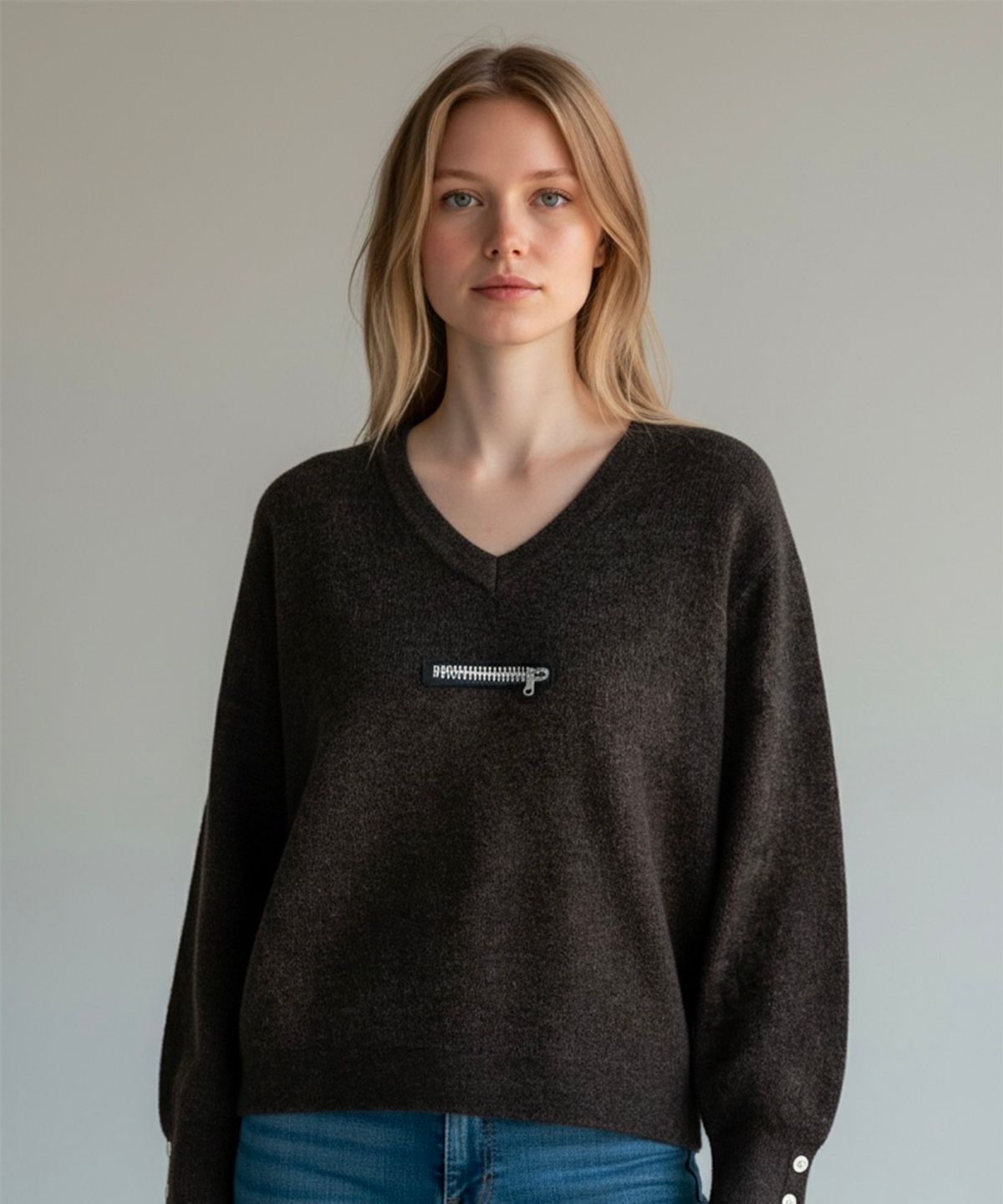 본슬리피(BORN SLIPPY) Muted Zip V-Neck Knit (Brown)