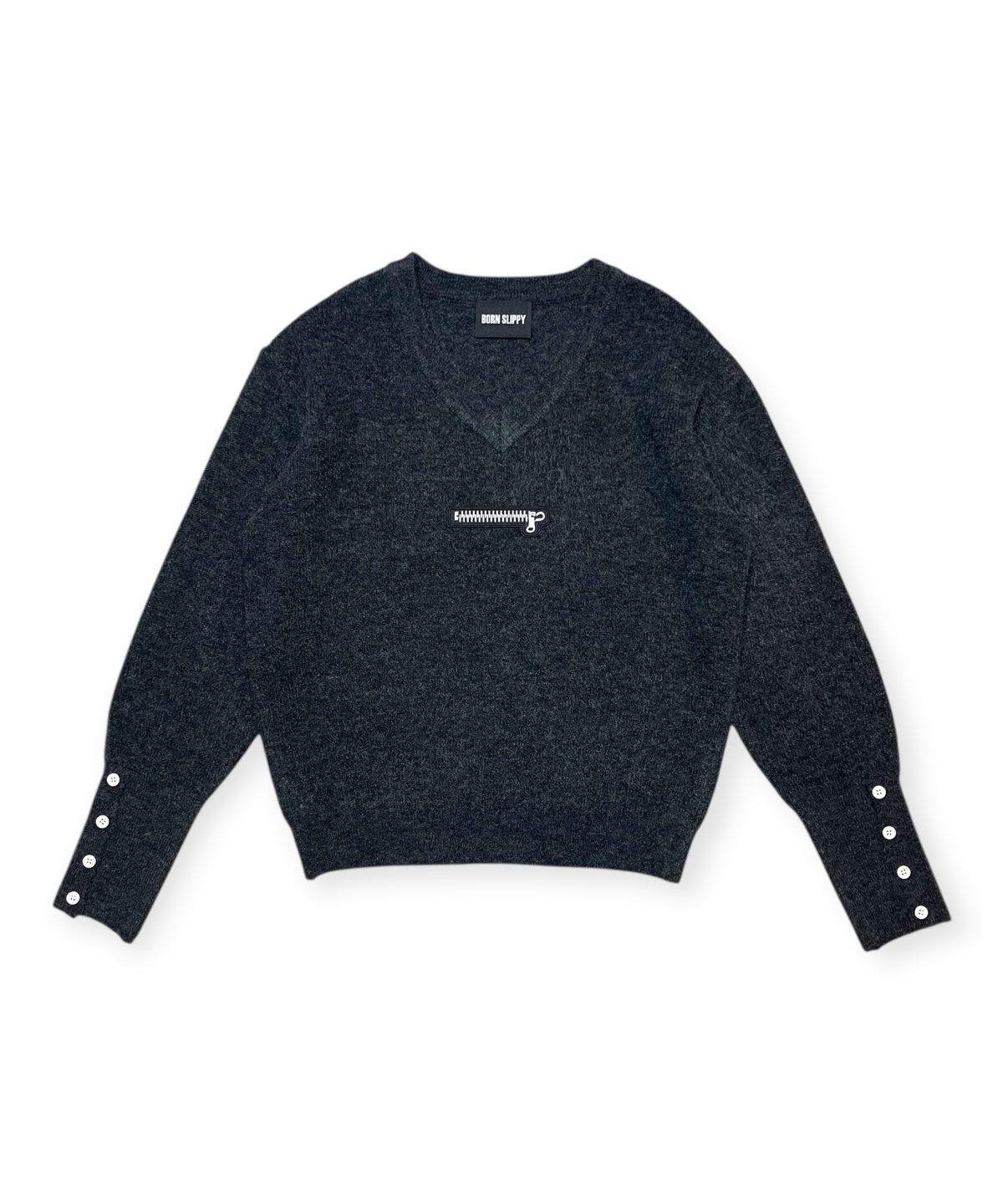 본슬리피(BORN SLIPPY) Muted Zip V-Neck Knit (Charcoal)