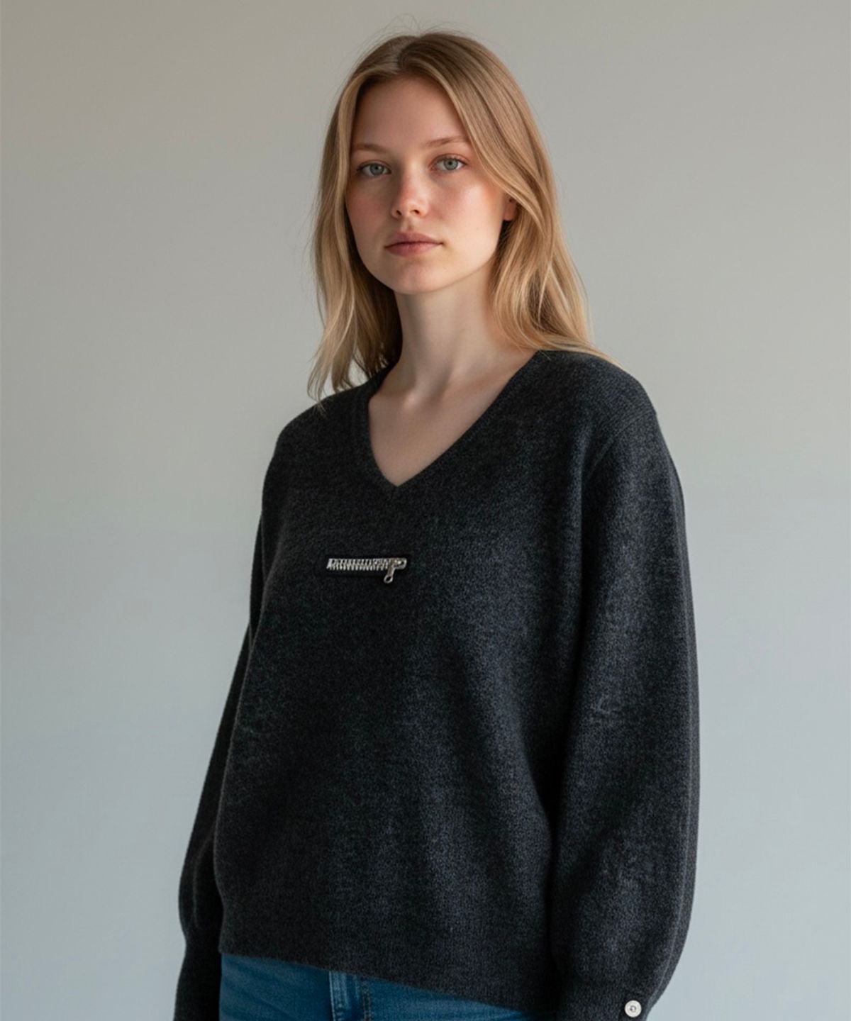 본슬리피(BORN SLIPPY) Muted Zip V-Neck Knit (Charcoal)