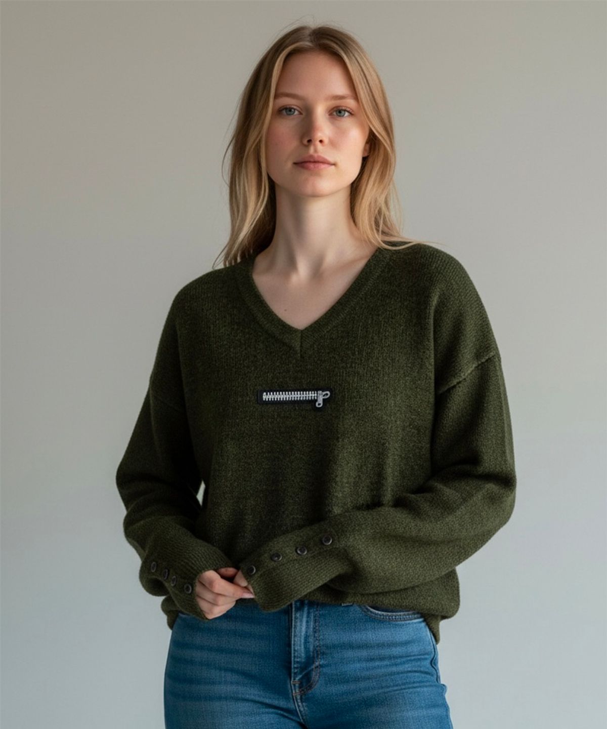 본슬리피(BORN SLIPPY) Muted Zip V-Neck Knit (Khaki)