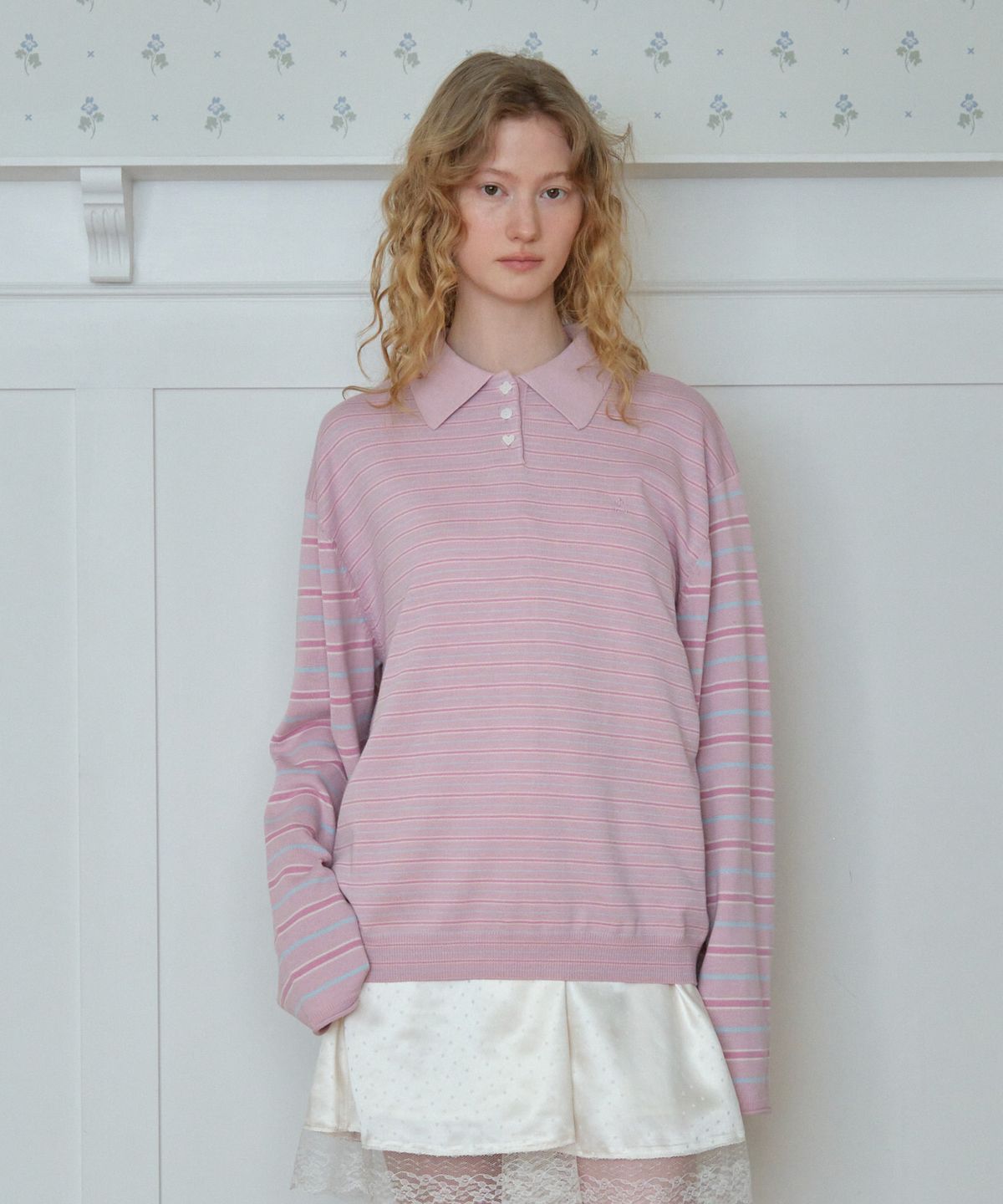 튜드먼트(TTUDEMENT) STRIPE LONG SLEEVE POLO KNIT_PINK