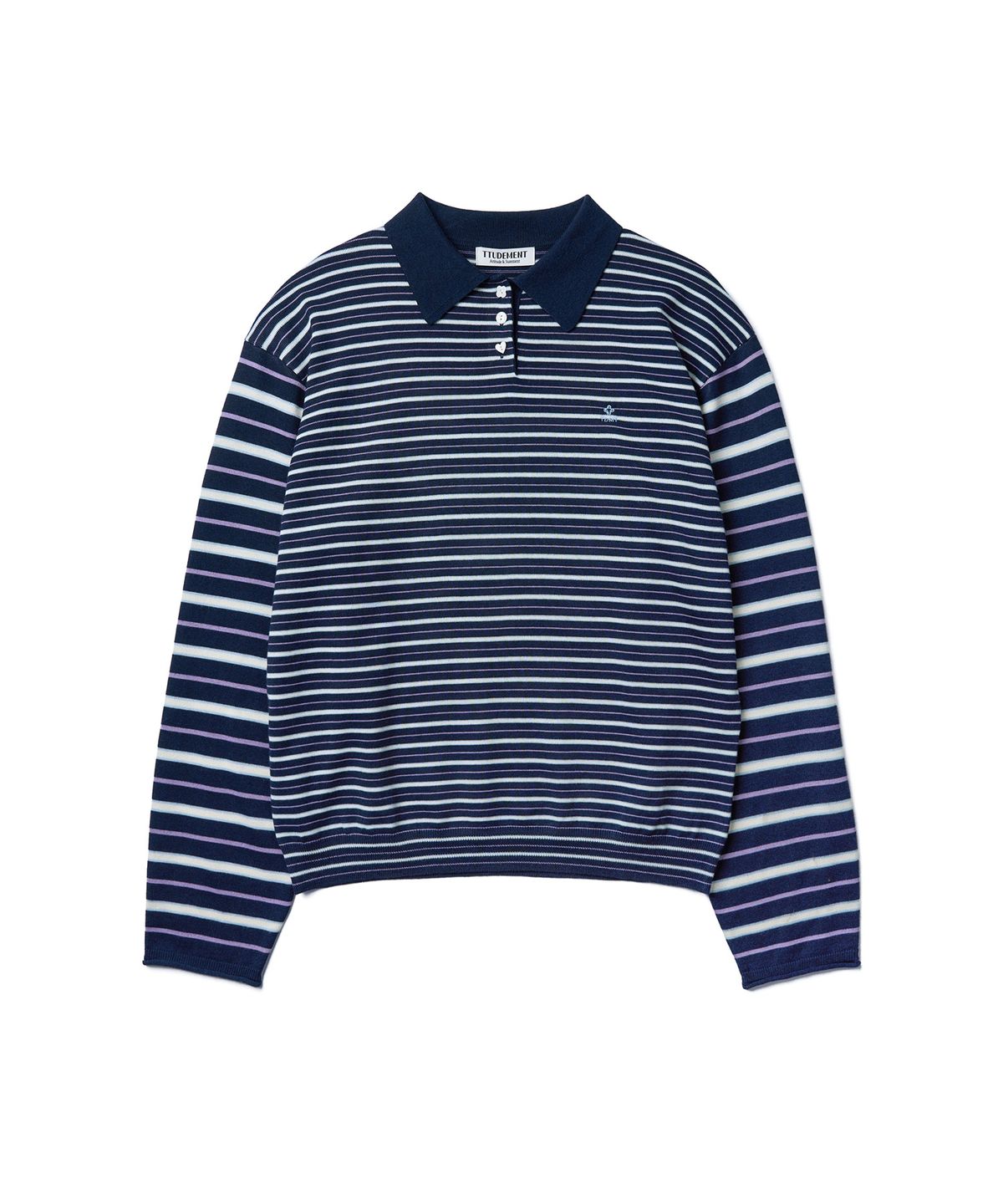 튜드먼트(TTUDEMENT) STRIPE LONG SLEEVE POLO KNIT_NAVY