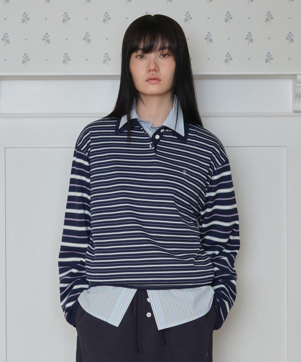 튜드먼트(TTUDEMENT) STRIPE LONG SLEEVE POLO KNIT_NAVY