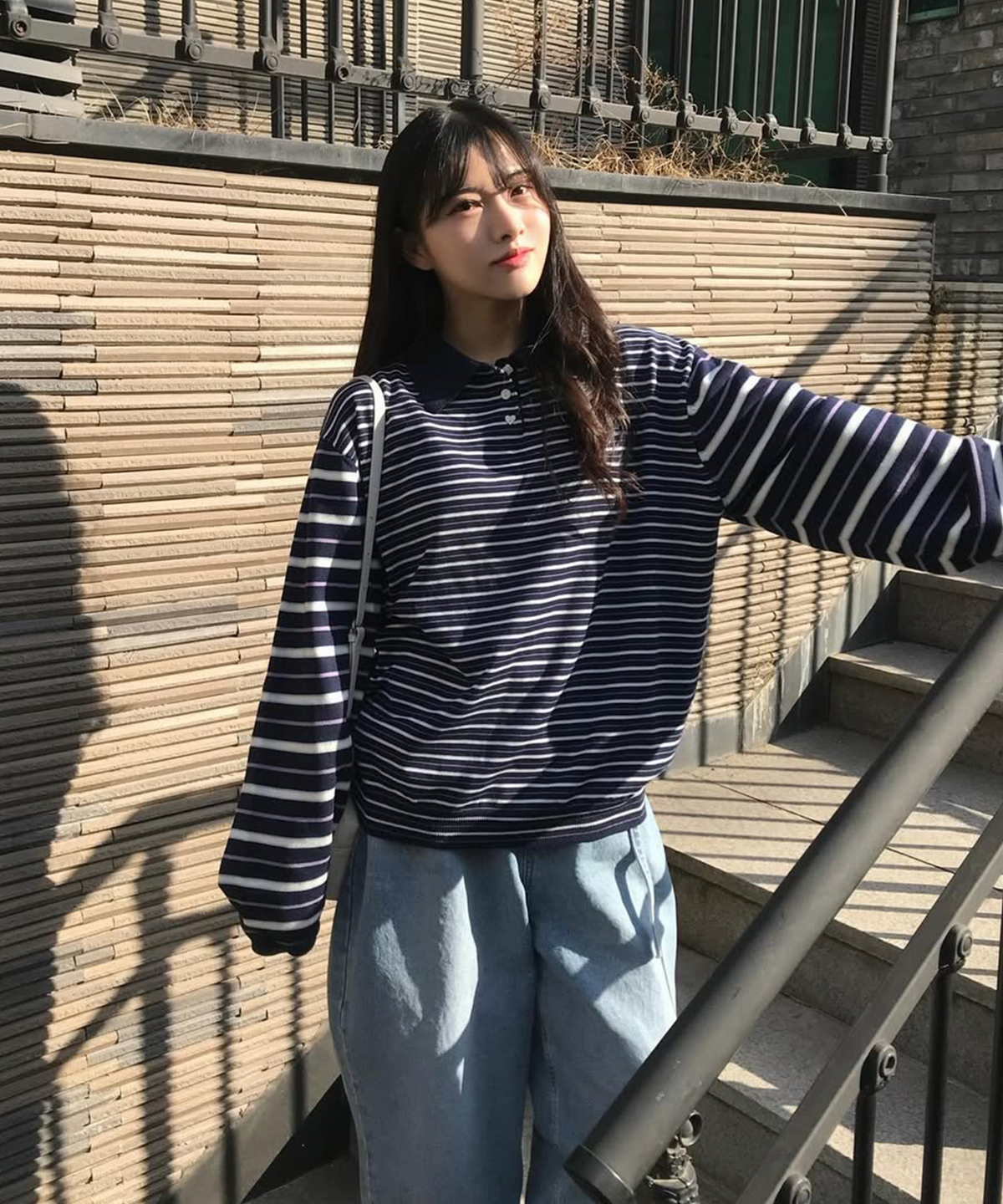 튜드먼트(TTUDEMENT) STRIPE LONG SLEEVE POLO KNIT_NAVY
