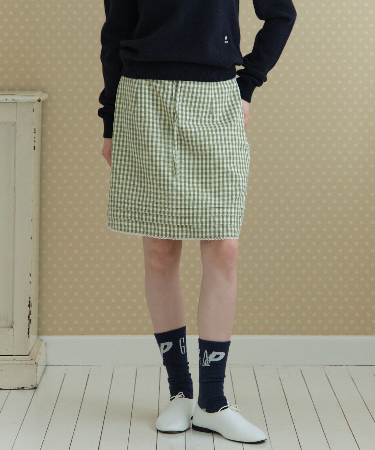 튜드먼트(TTUDEMENT) GINGHAM CHECK MIDI SKIRT_OLIVE