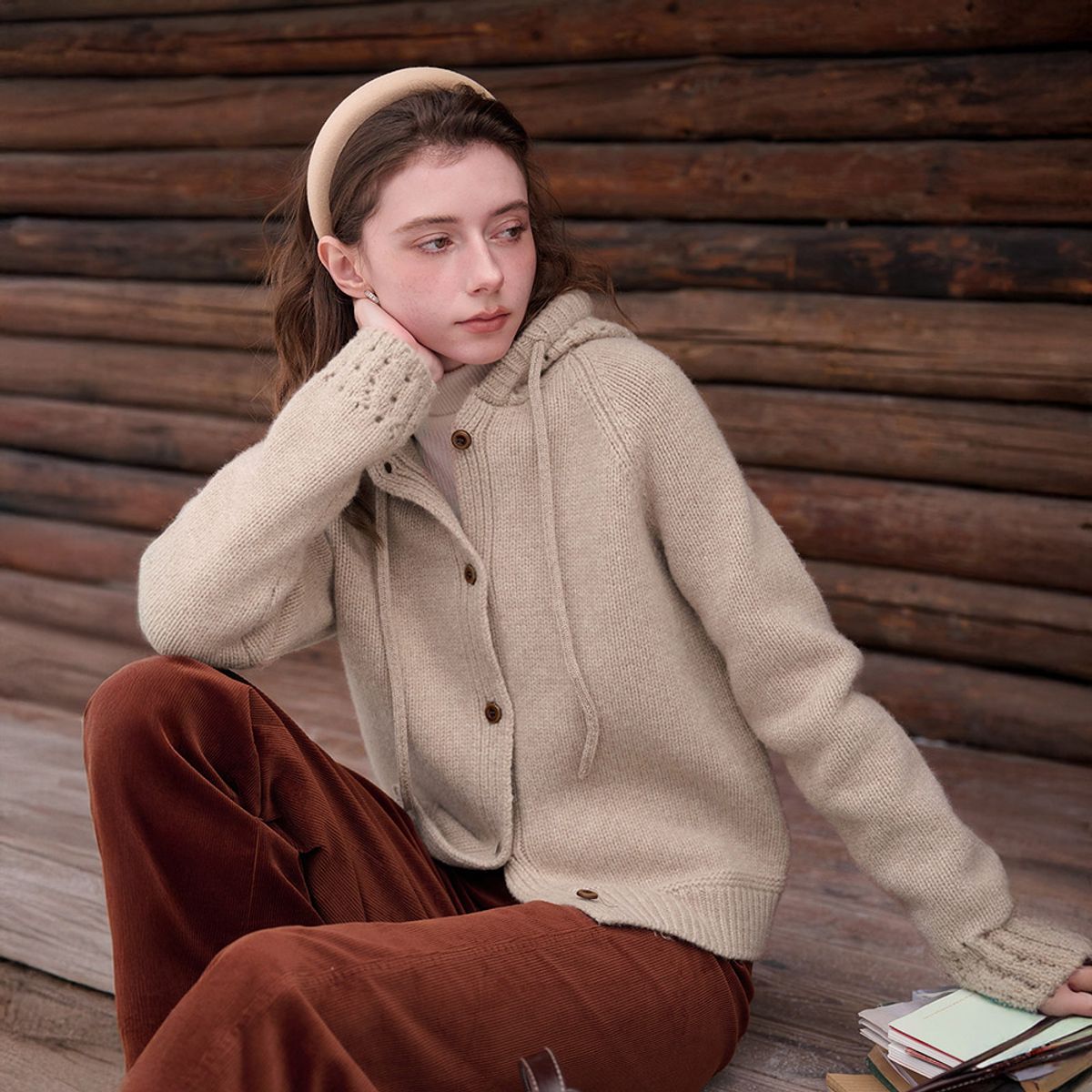 심플레트로(SIMPLE RETRO) SR_Crochet hooded knit cardigan_3color
