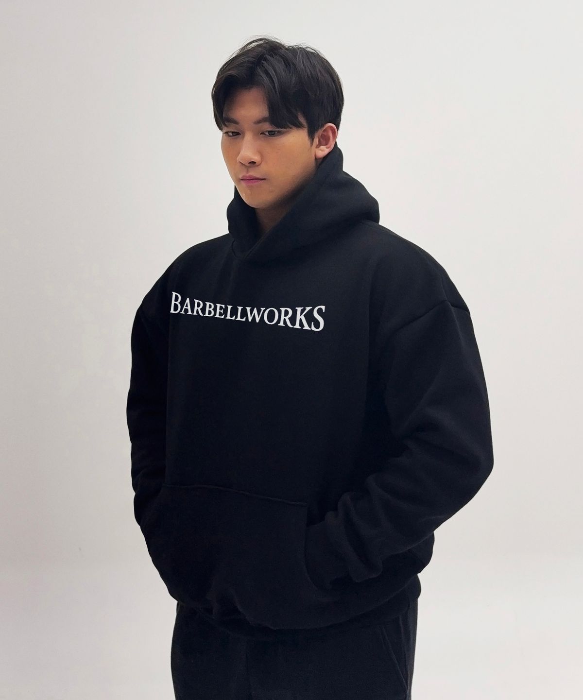 바벨웍스(BARBELLWORKS) 레터링 헤비고중량 이중지후드티셔츠