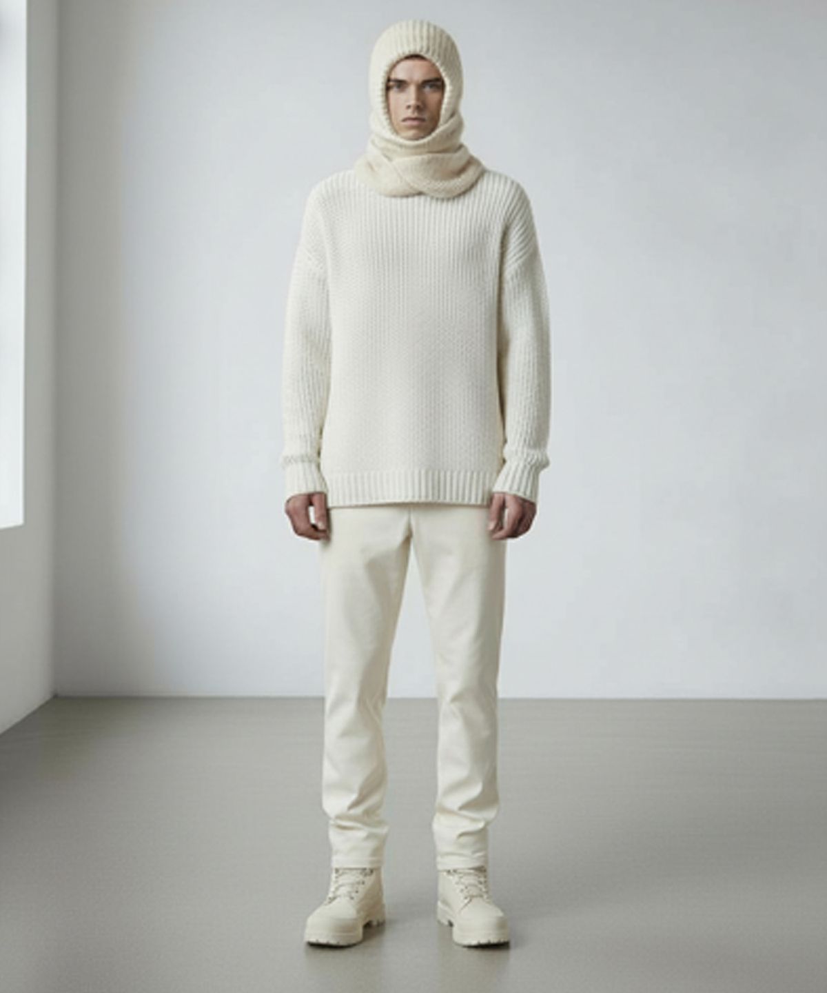 유니버셜 케미스트리(UNIVERSAL CHEMISTRY) Wool Ivory Knit Hood Muffler Hat 후드머플러