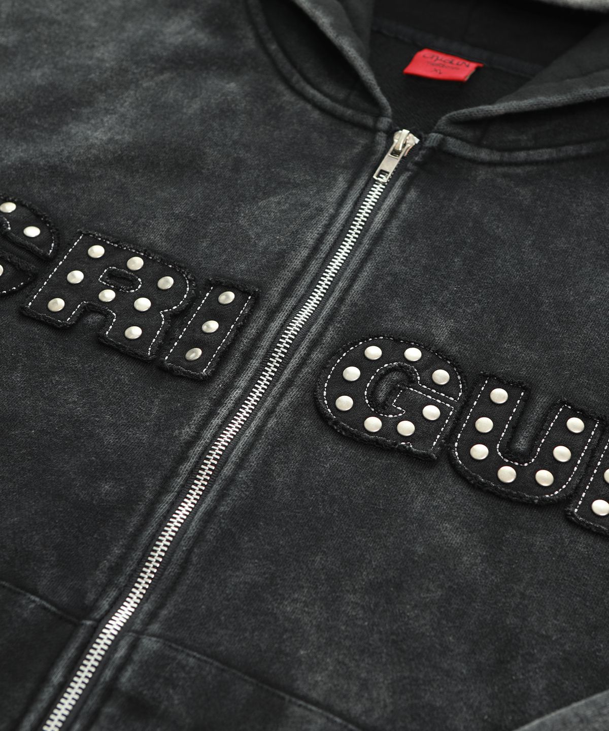 크리건(CRIGUN) WASHED APPLIQUE RIVET 후드 집업 BLACK