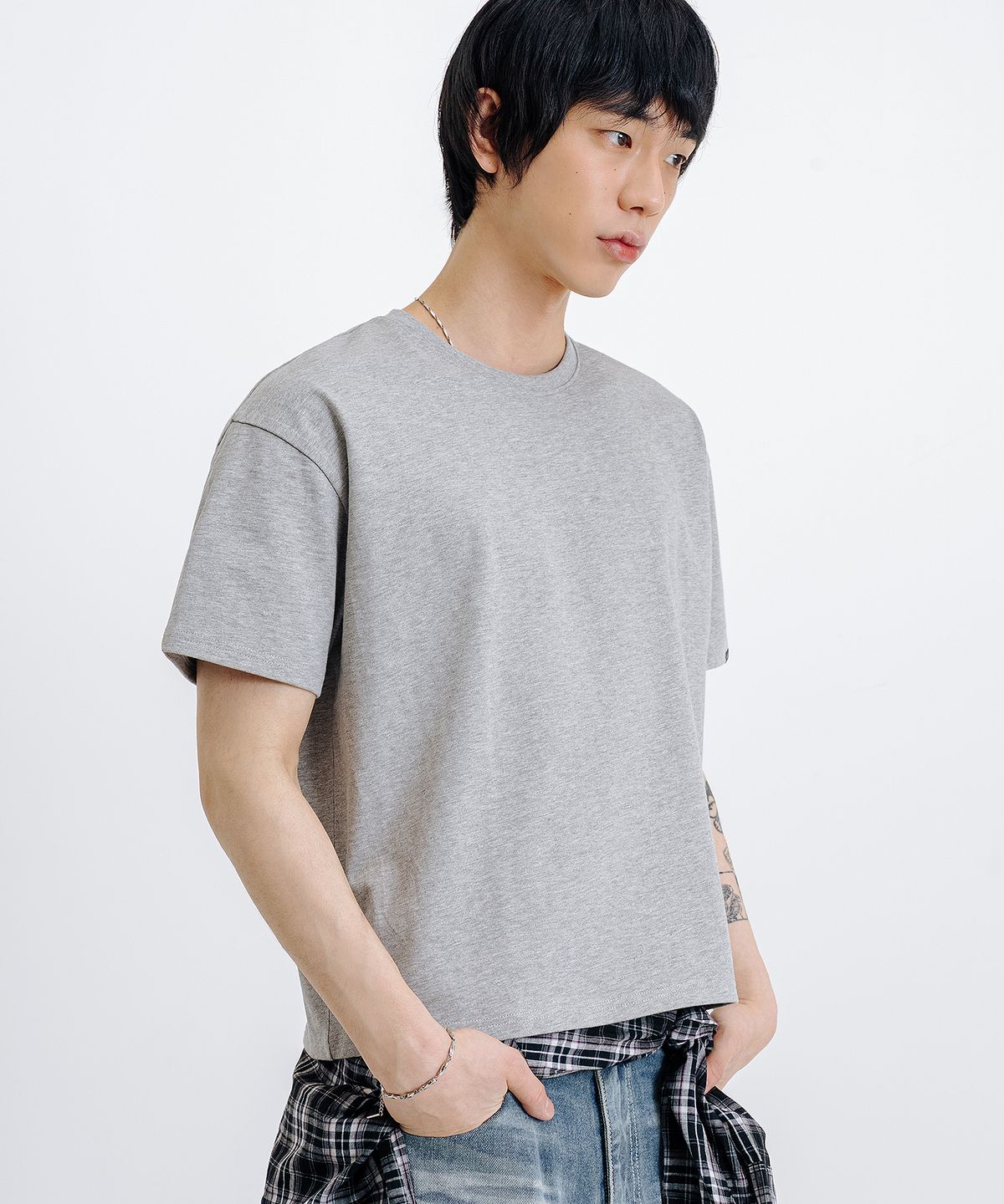 리메인세컨드(LEMAIN SECOND) 크롭 무지 오버핏 반팔 티셔츠 [멜란지 그레이]