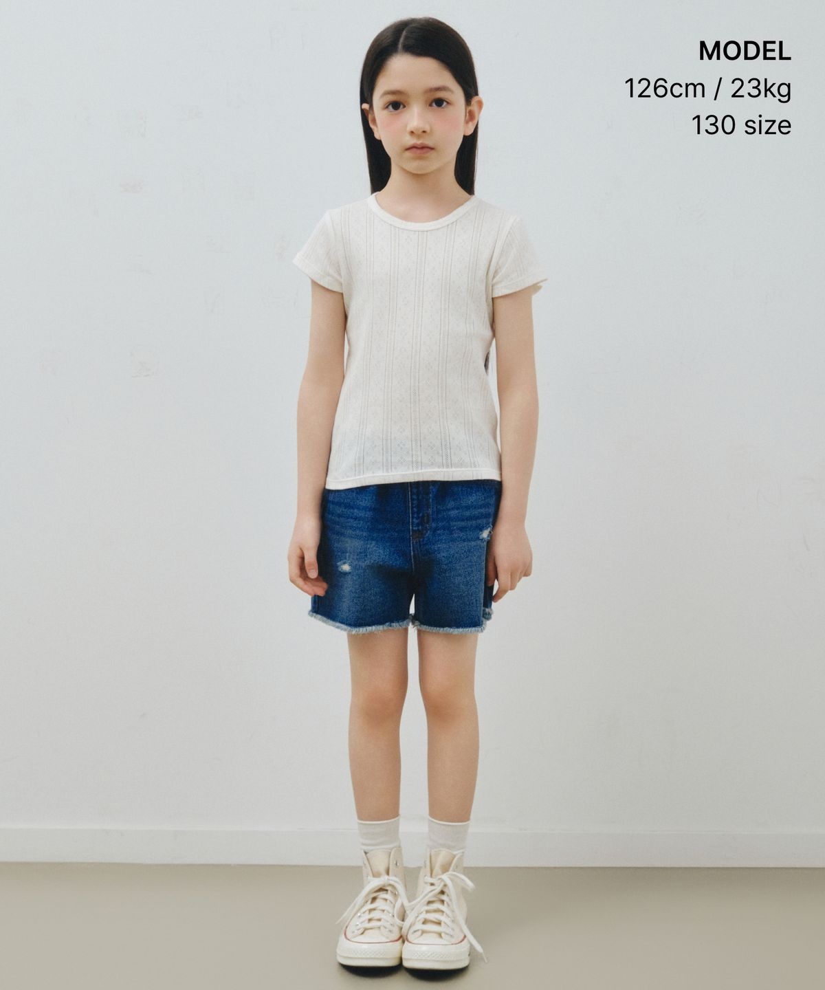 무신사 스탠다드 키즈(MUSINSA STANDARD KIDS) 컷 오프 데님 미니 쇼츠 [미디엄 인디고]
