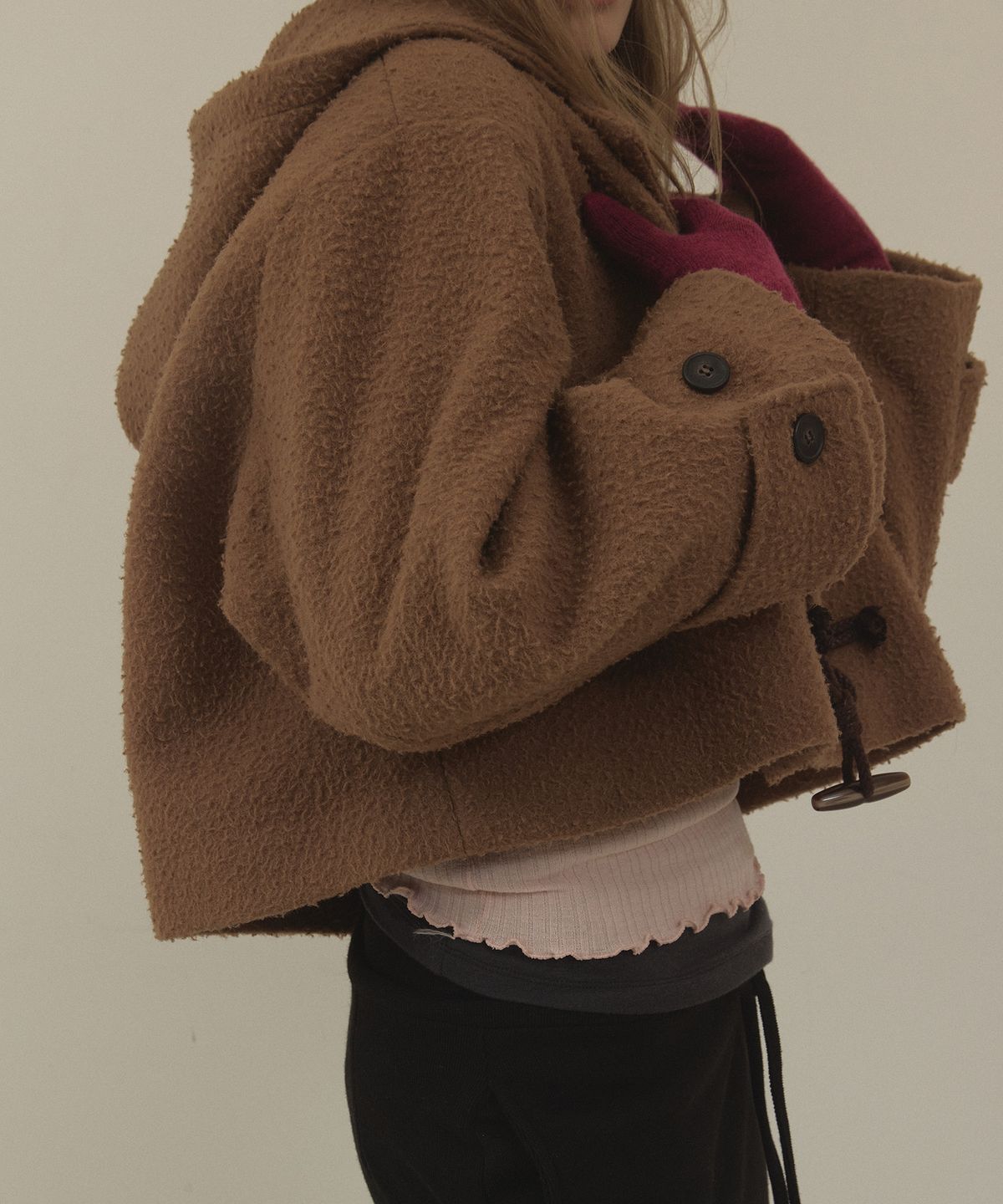 론크(LONQUE) CASENTINO CLASSIC HOODIE CROP DUFFLE COAT (CAMEL)