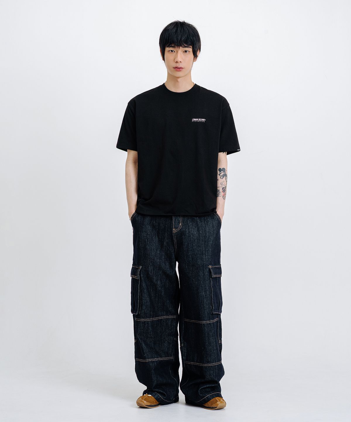 리메인세컨드(LEMAIN SECOND) 베이직 로고 나염 오버핏 반팔 티 [블랙]