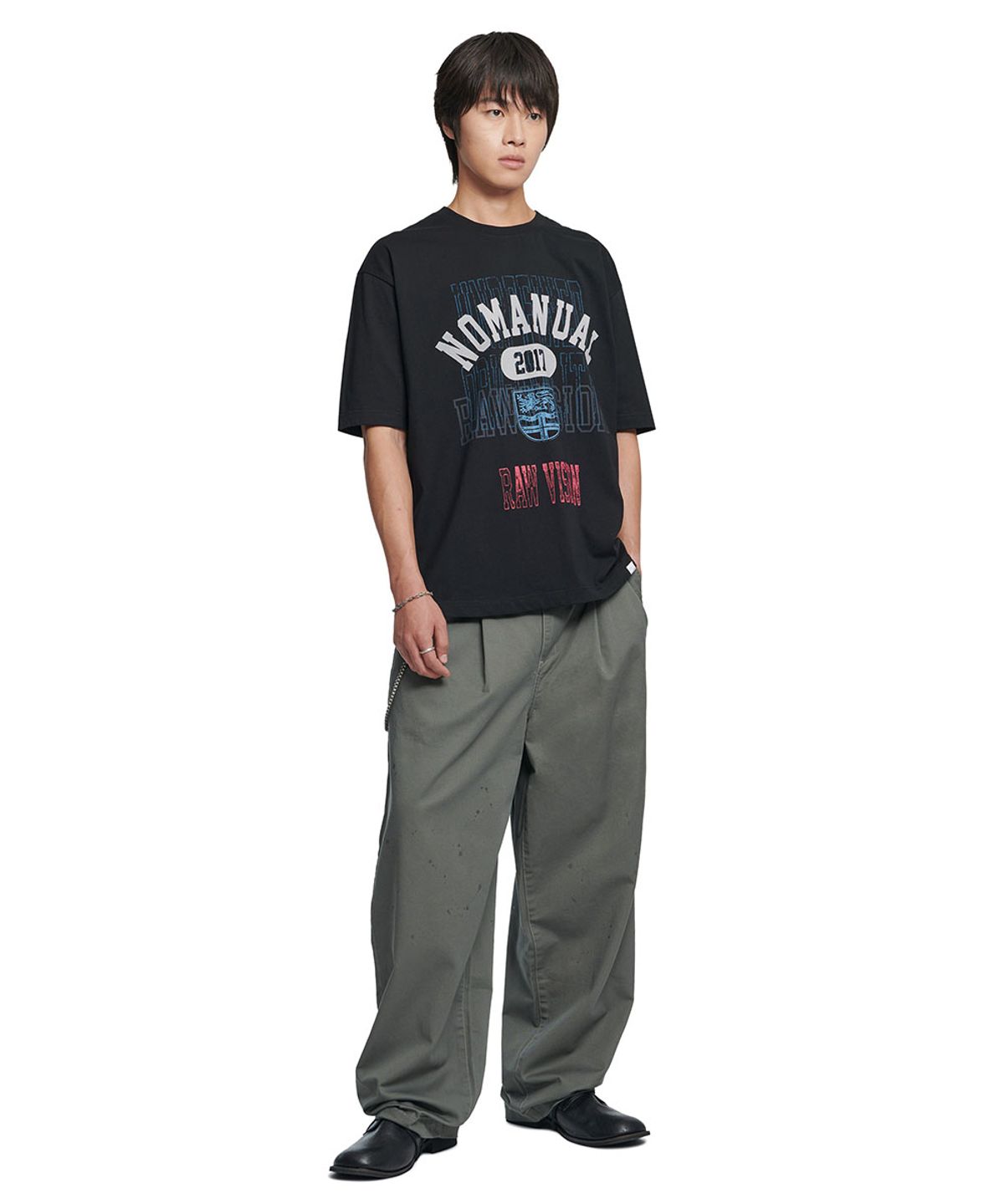 노매뉴얼(NOMANUAL) PAINTED TWO TUCK PANTS - KHAKI GRAY