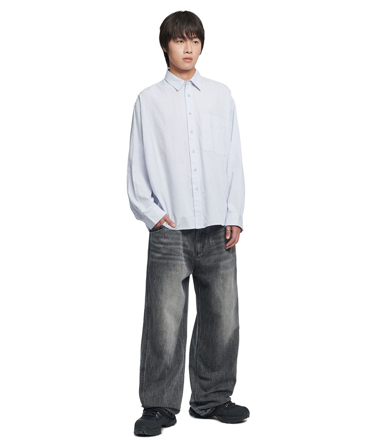 노매뉴얼(NOMANUAL) STRIPED SHIRT - GRAY
