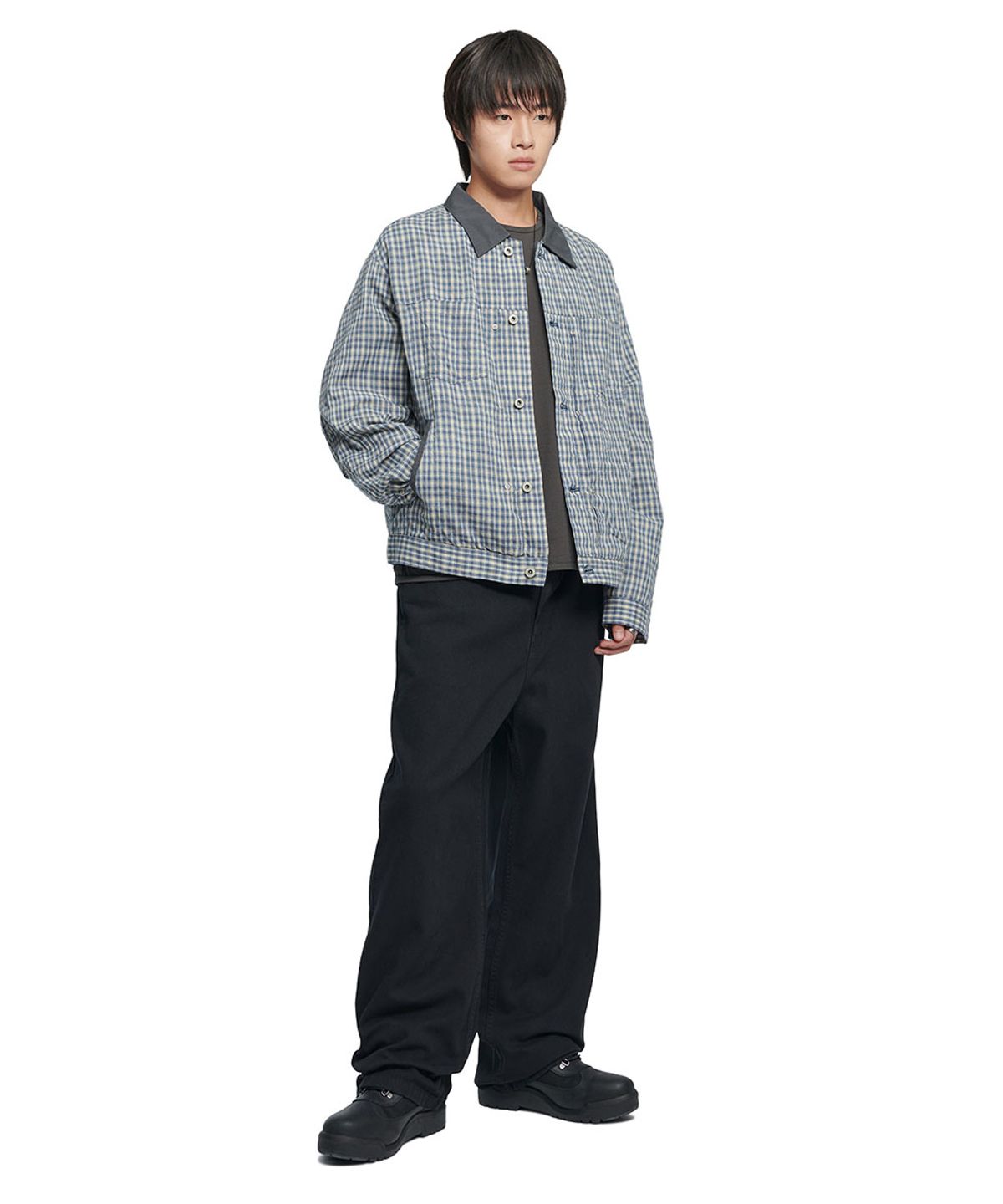 노매뉴얼(NOMANUAL) CHECK TRUCKER JACKET - WASHED BLUE