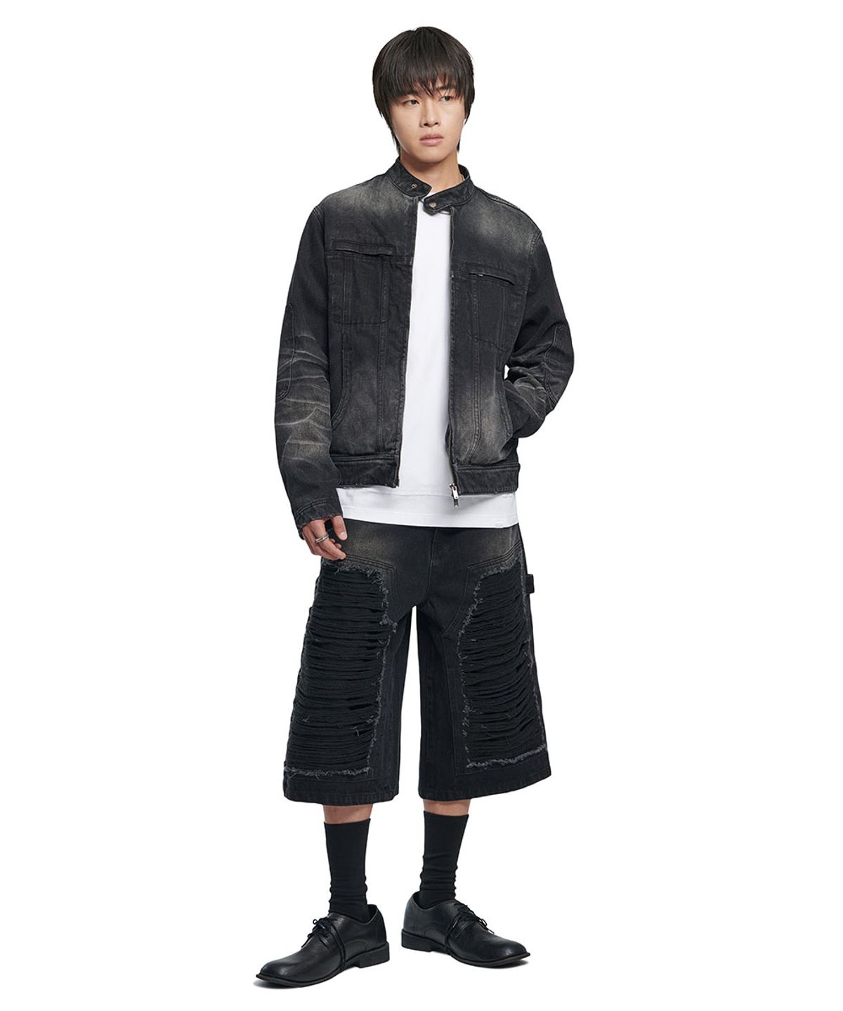 노매뉴얼(NOMANUAL) WASHED DENIM RIDER JACKET - WASHED BLACK