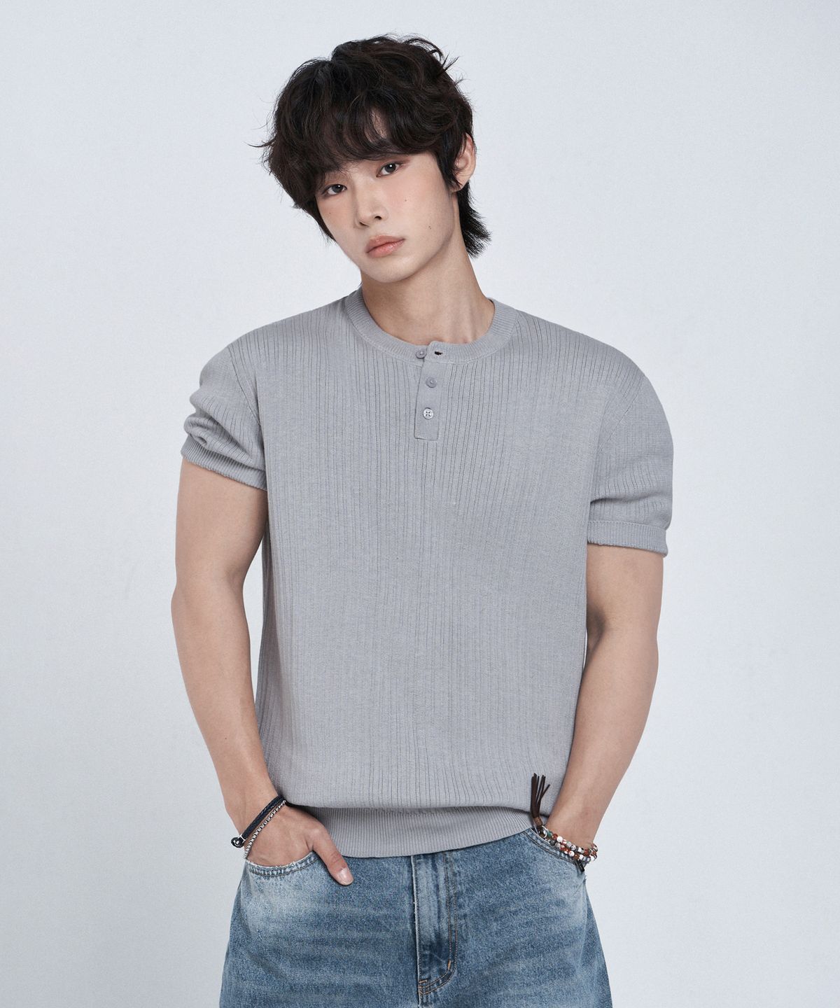 리메인세컨드(LEMAIN SECOND) 클래식 헨리넥 워셔블 반팔 니트 [그레이]