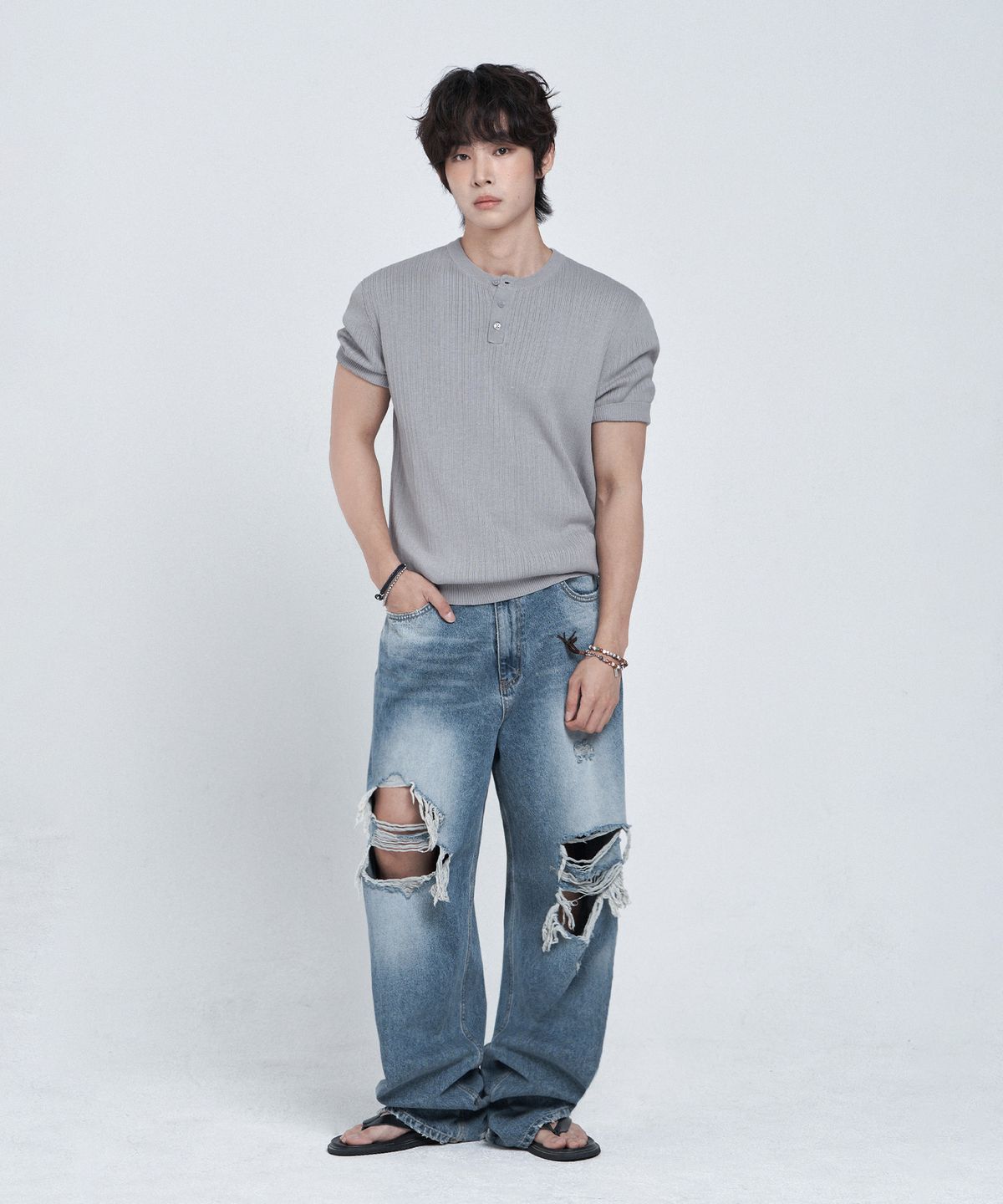 리메인세컨드(LEMAIN SECOND) 클래식 헨리넥 워셔블 반팔 니트 [그레이]