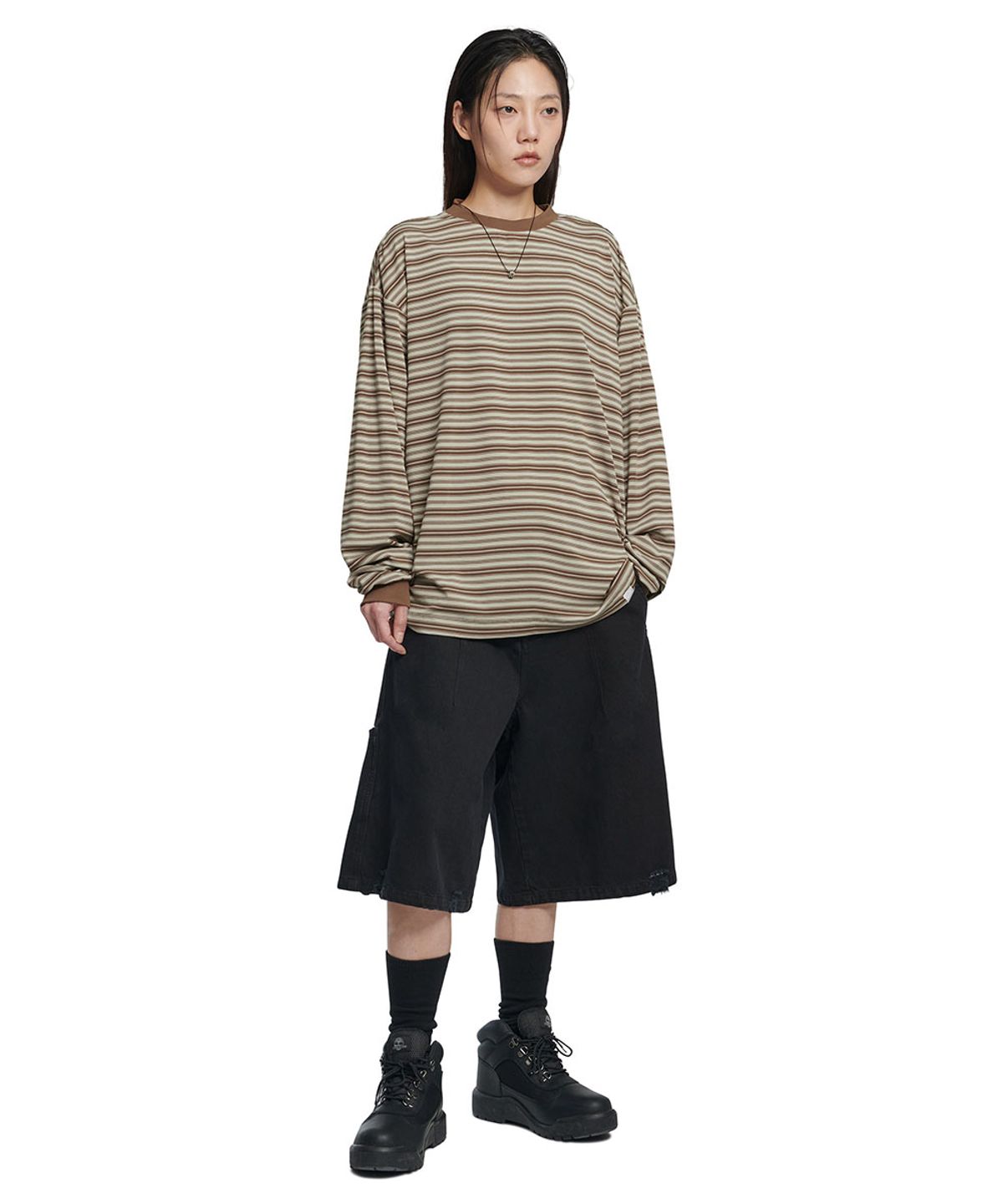 노매뉴얼(NOMANUAL) OFFBEAT STRIPE LONG SLEEVE TEE - BROWN