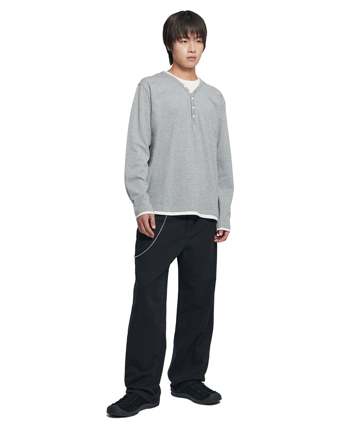 노매뉴얼(NOMANUAL) LAYERED HENLEY NECK LONG SLEEVE TEE - GRAY