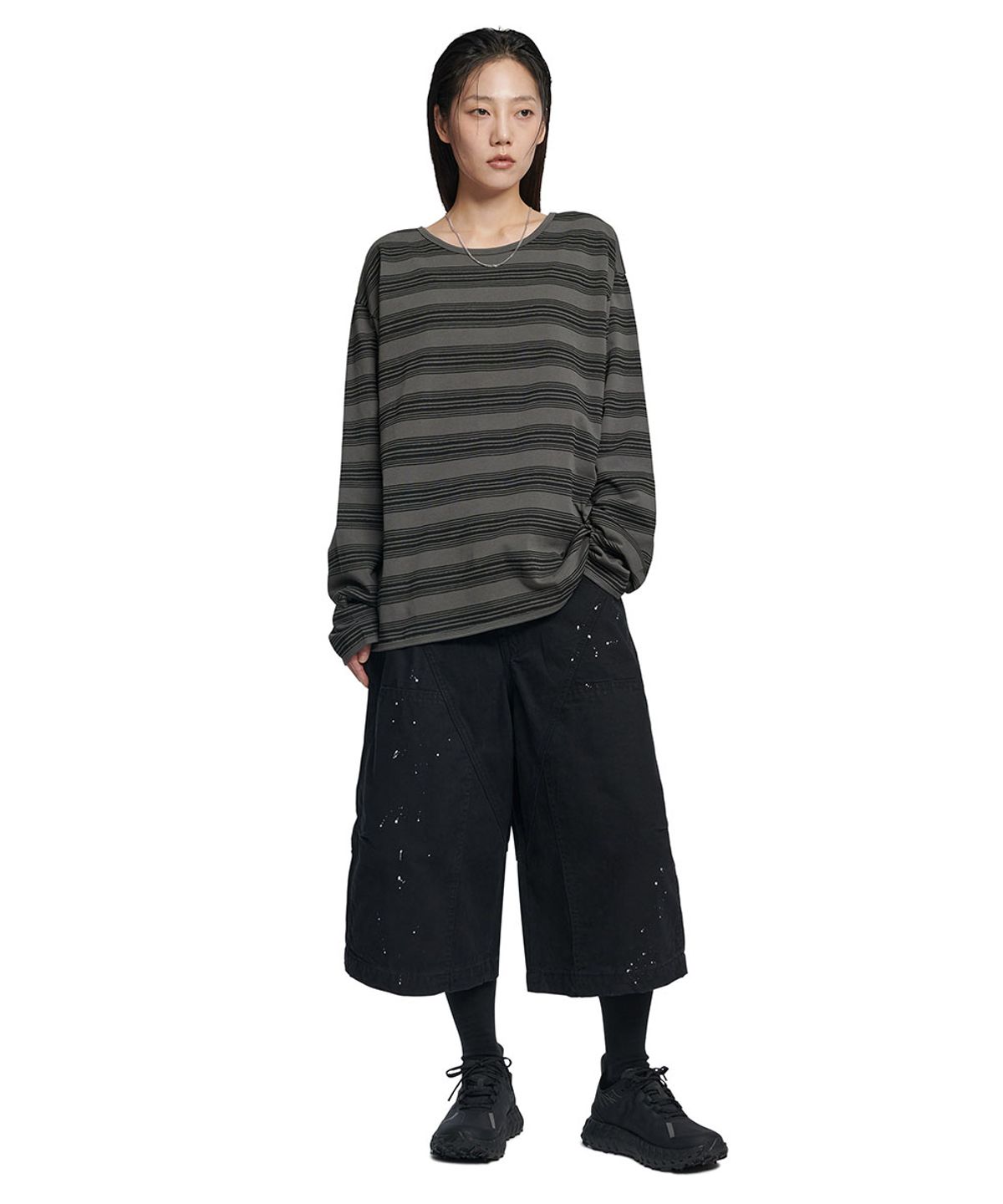 노매뉴얼(NOMANUAL) PAINTED STRIPE LONG SLEEVE TEE - BLACK