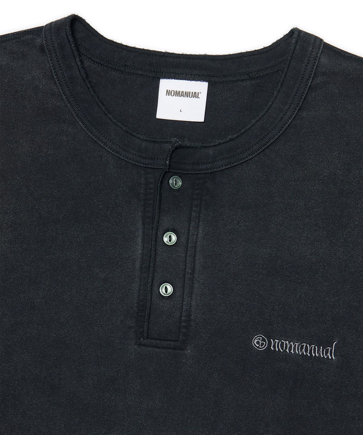 노매뉴얼(NOMANUAL) DAMAGED HENLEY NECK SHIRT - WASHED BLACK