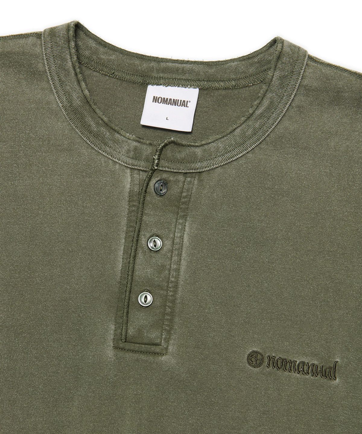 노매뉴얼(NOMANUAL) DAMAGED HENLEY NECK SHIRT - WASHED KHAKI