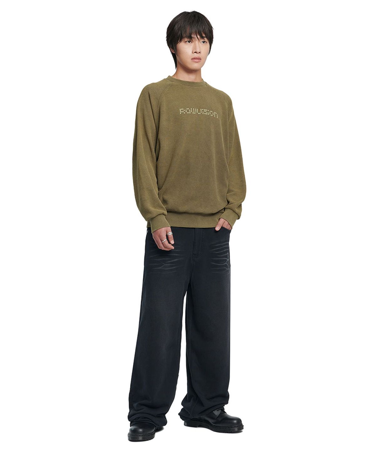 노매뉴얼(NOMANUAL) DOT MATRIX TEXT WAFFLE LONG SLEEVE TEE - WASHED KHAKI