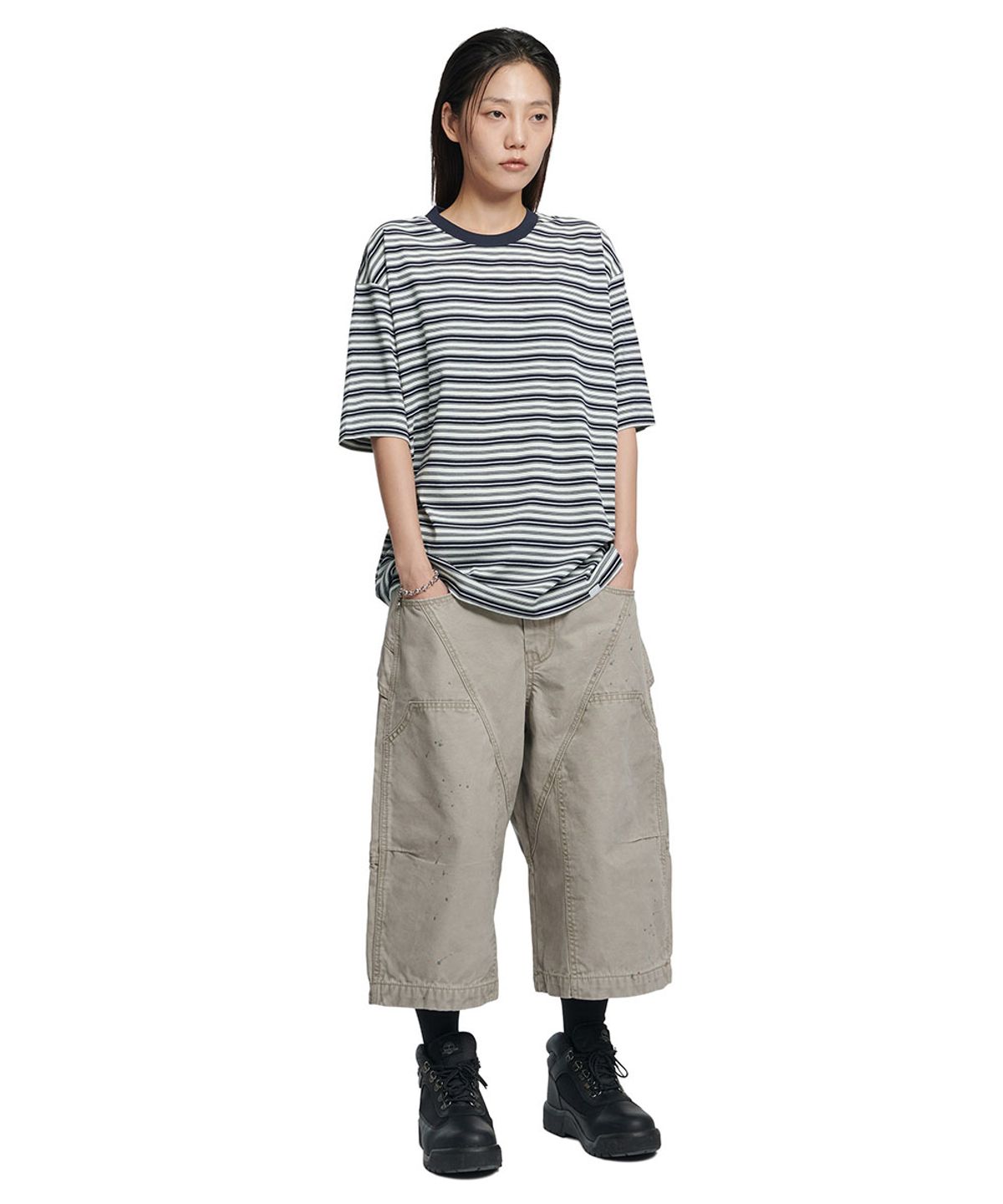 노매뉴얼(NOMANUAL) OFFBEAT STRIPE T-SHIRT - BLACK