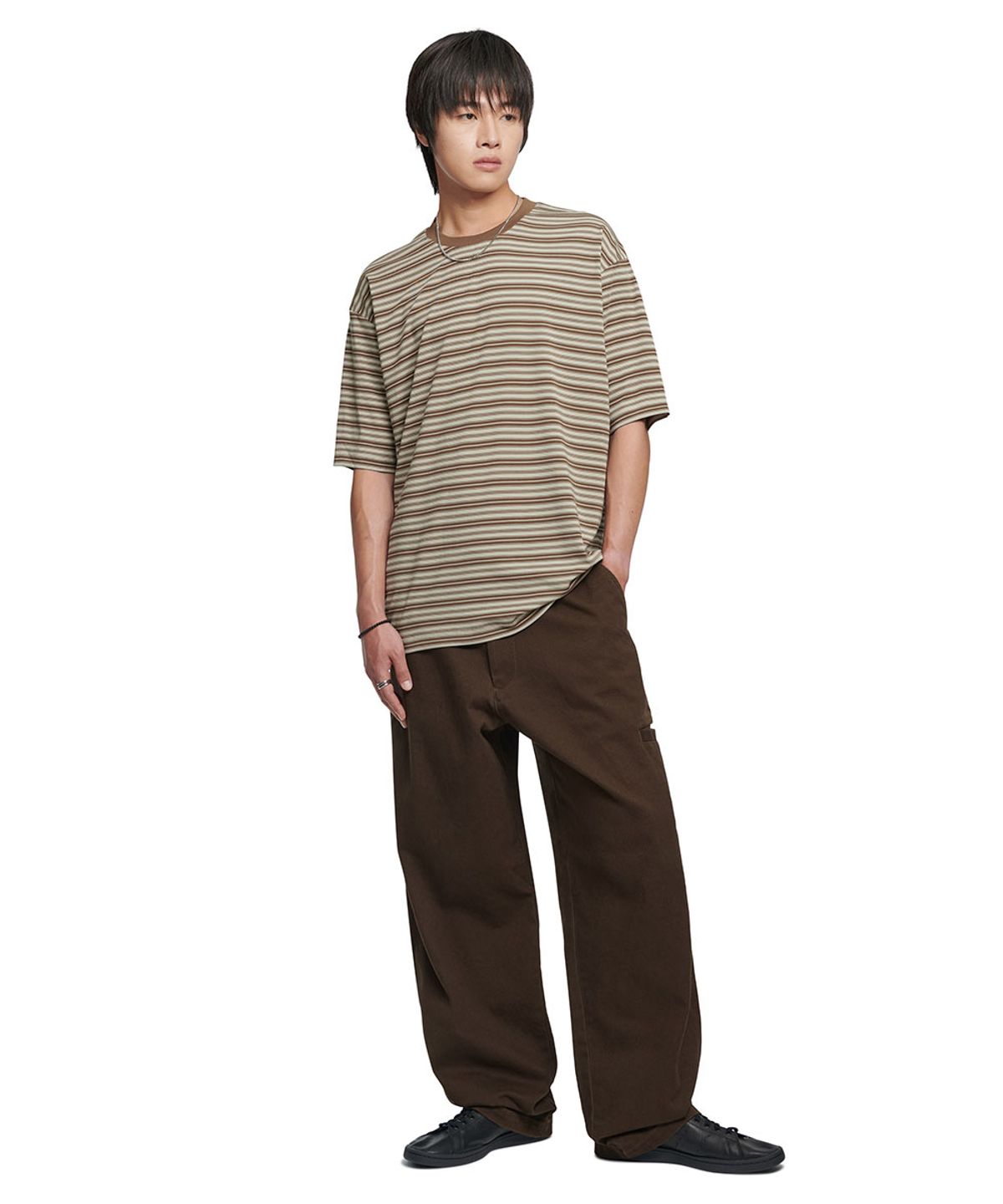 노매뉴얼(NOMANUAL) OFFBEAT STRIPE T-SHIRT - BROWN