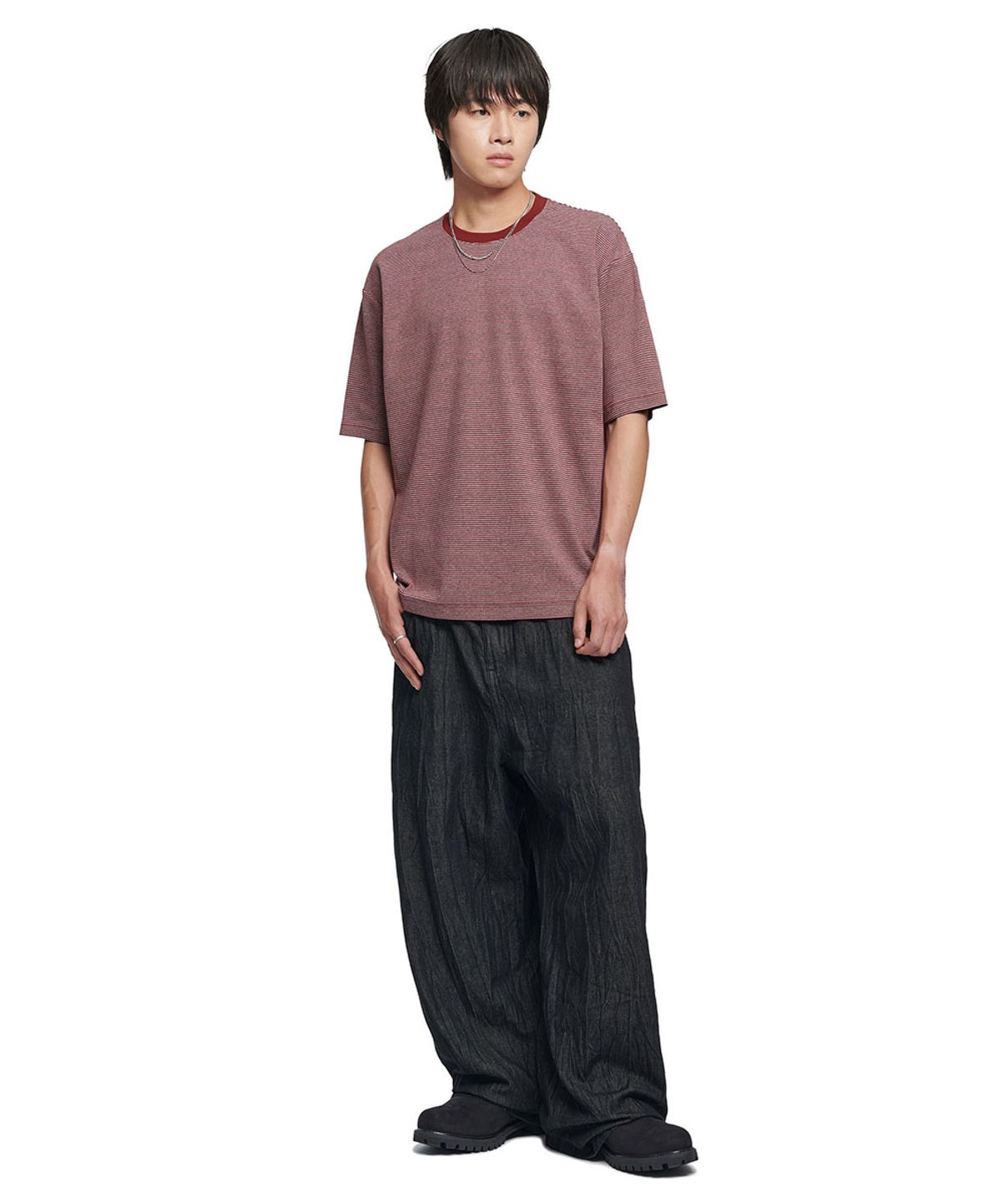노매뉴얼(NOMANUAL) FINE STRIPE T-SHIRT - BURGUNDY