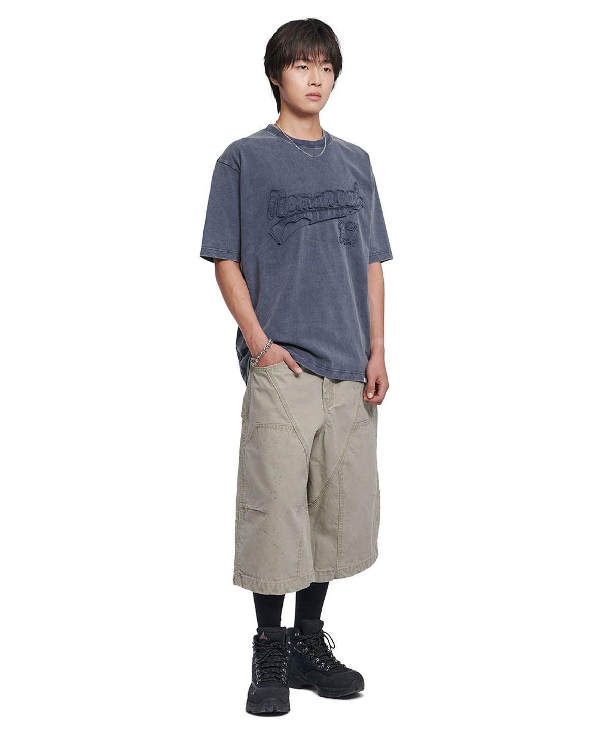 노매뉴얼(NOMANUAL) APPLIQUE T-SHIRT - WASHED NAVY