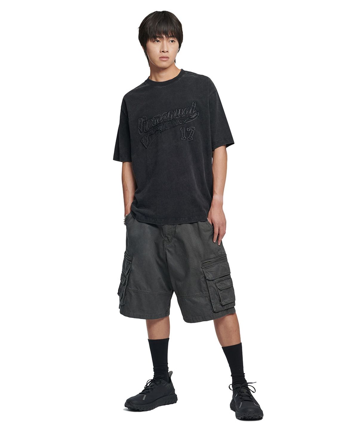 노매뉴얼(NOMANUAL) APPLIQUE T-SHIRT - WASHED BLACK