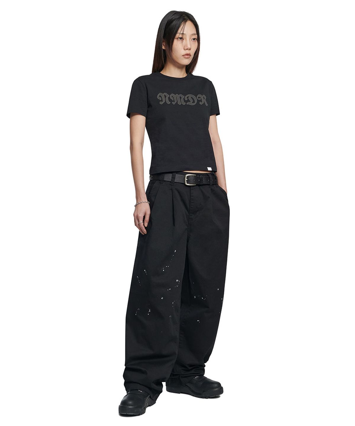 노매뉴얼(NOMANUAL) WAFFLE PATCHED T-SHIRT (WOMAN) - BLACK