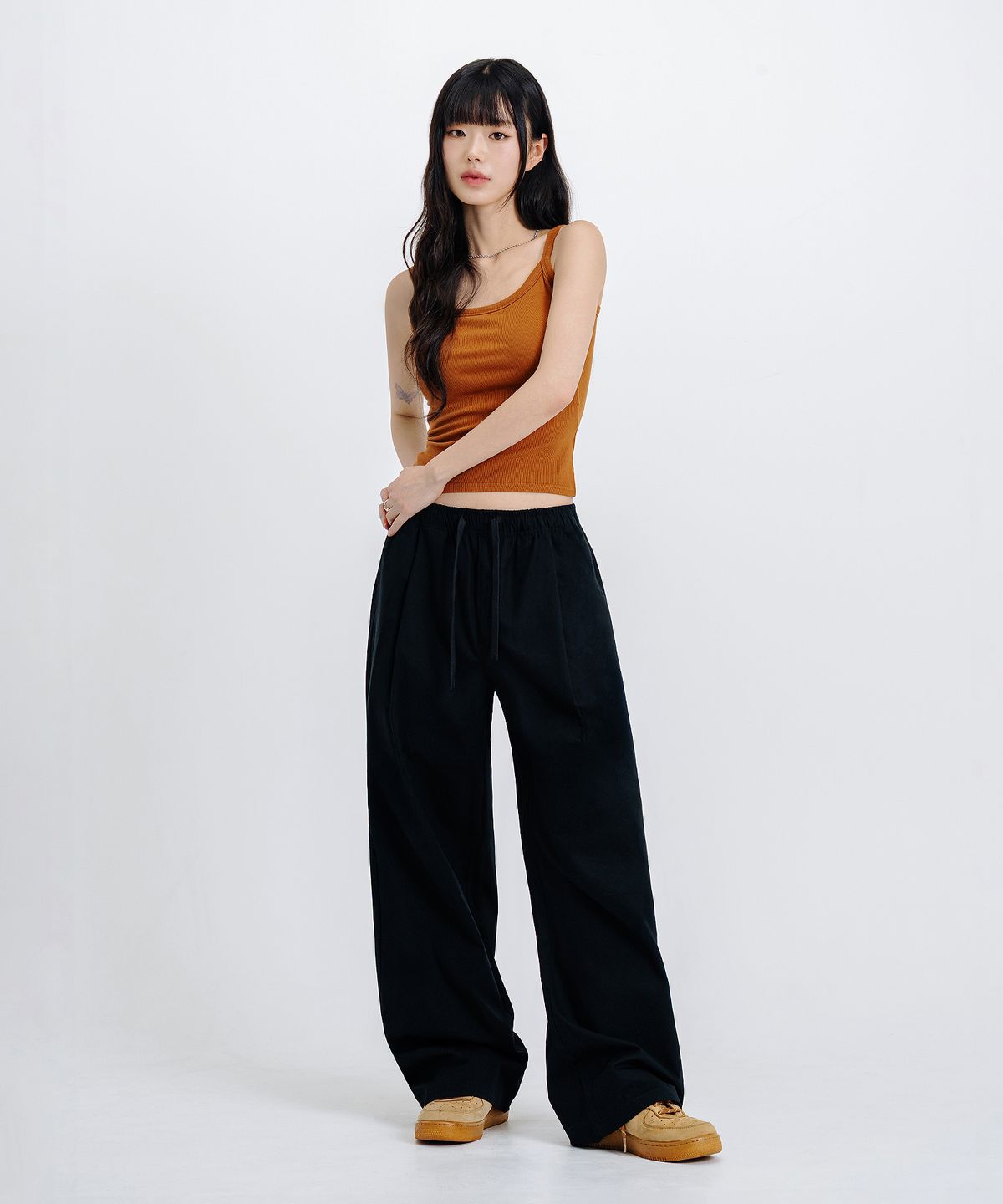 리메인세컨드(LEMAIN SECOND) 린넨 라이크 밴딩 와이드 팬츠 [블랙]