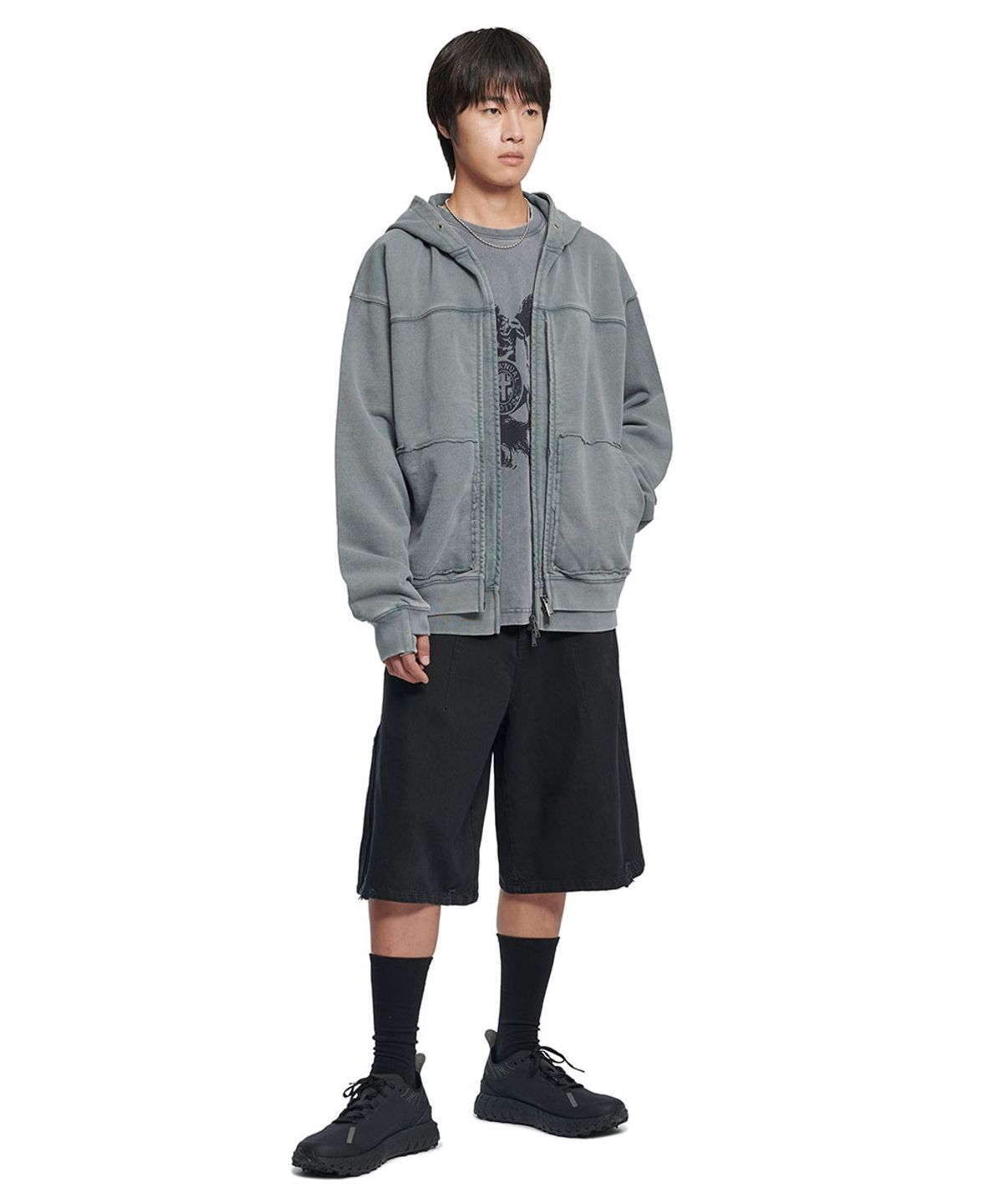 노매뉴얼(NOMANUAL) R.P LAYER HOODED ZIP-UP - WASHED GRAY