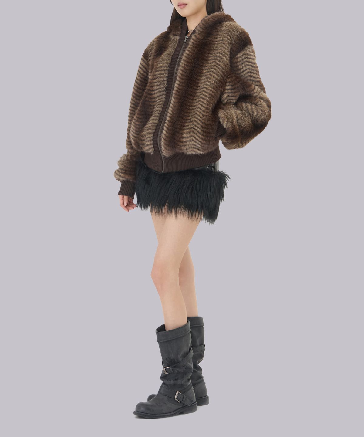 제이디드 런던(JADED LONDON) (U) 스트라이프드 포 퍼 베어 재킷 브라운 STRIPED FAUX FUR BEAR JACKET BROWN