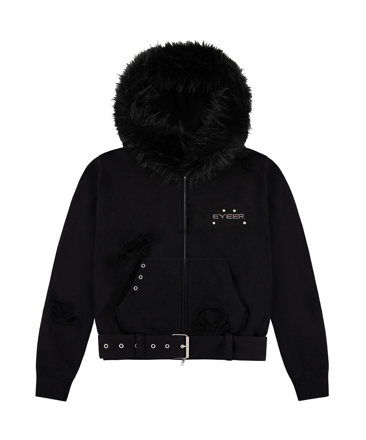 이와이이알(EYEER) Belted Fur Hoodie Zip-up - Black