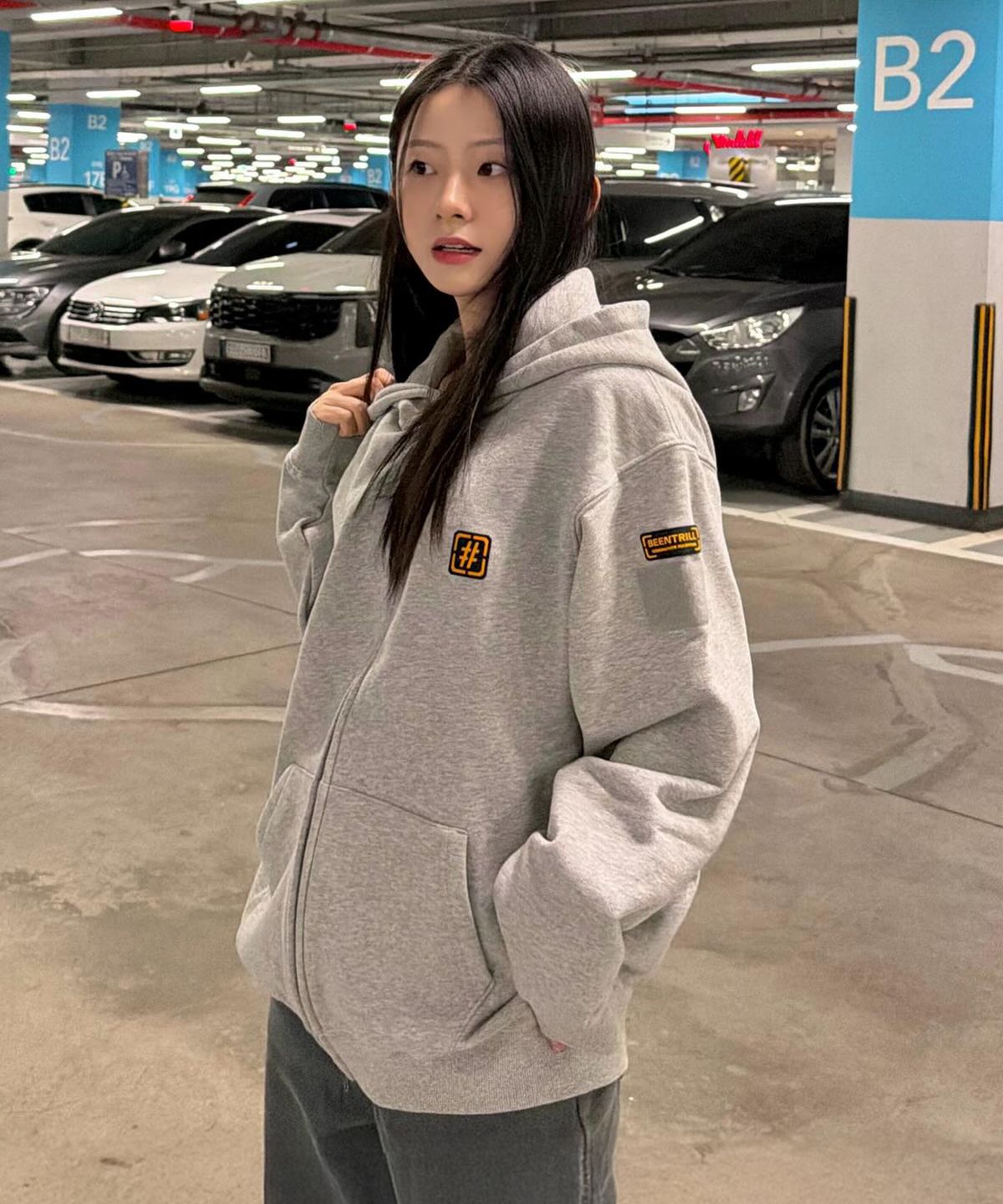 빈트릴(BEENTRILL) 해시태그 워크 후드 집업(멜란지 그레이)