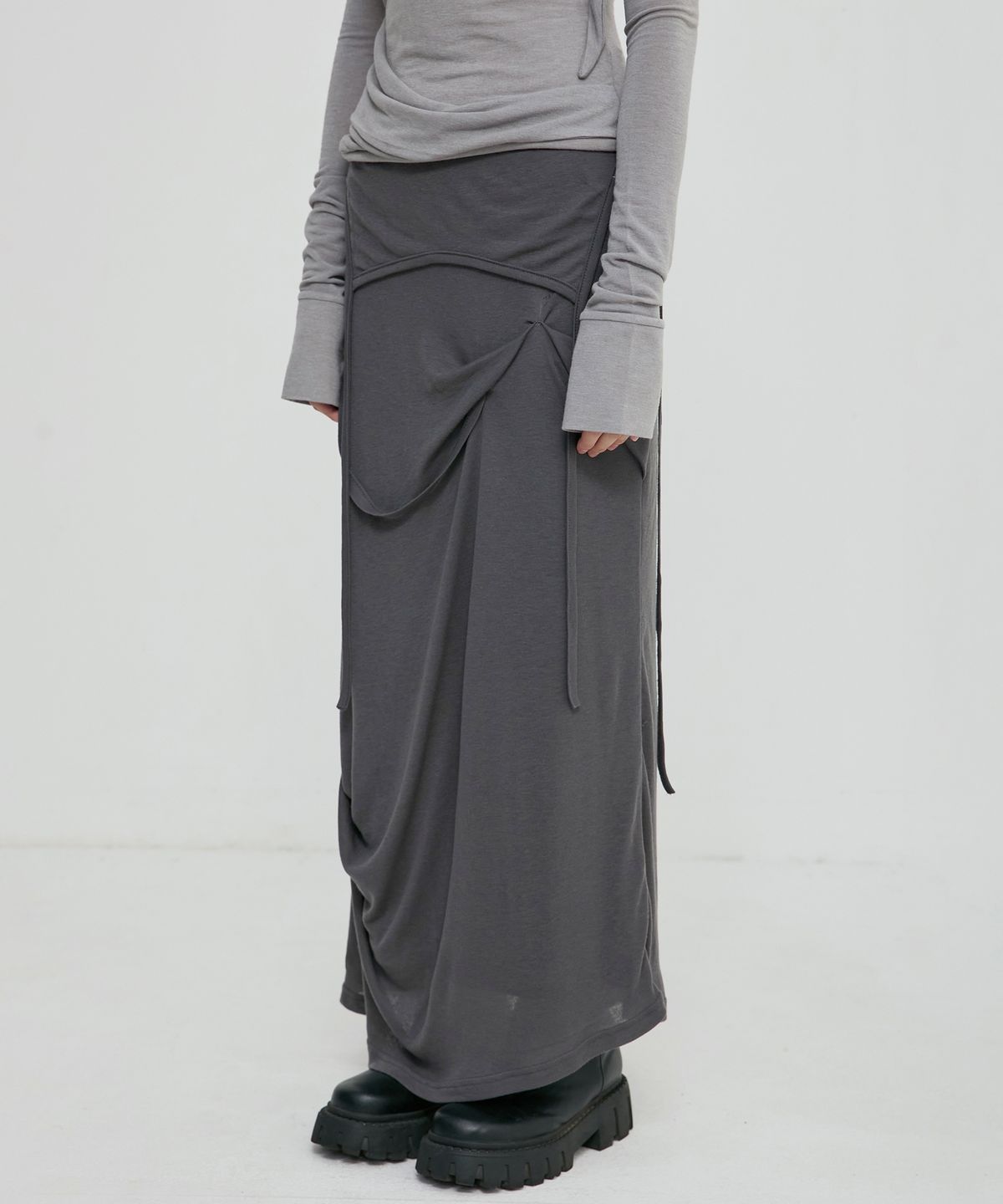 플레어업(FLAREUP) Asymmetrical Draped Long Skirt (FL-263_Dark Gray)