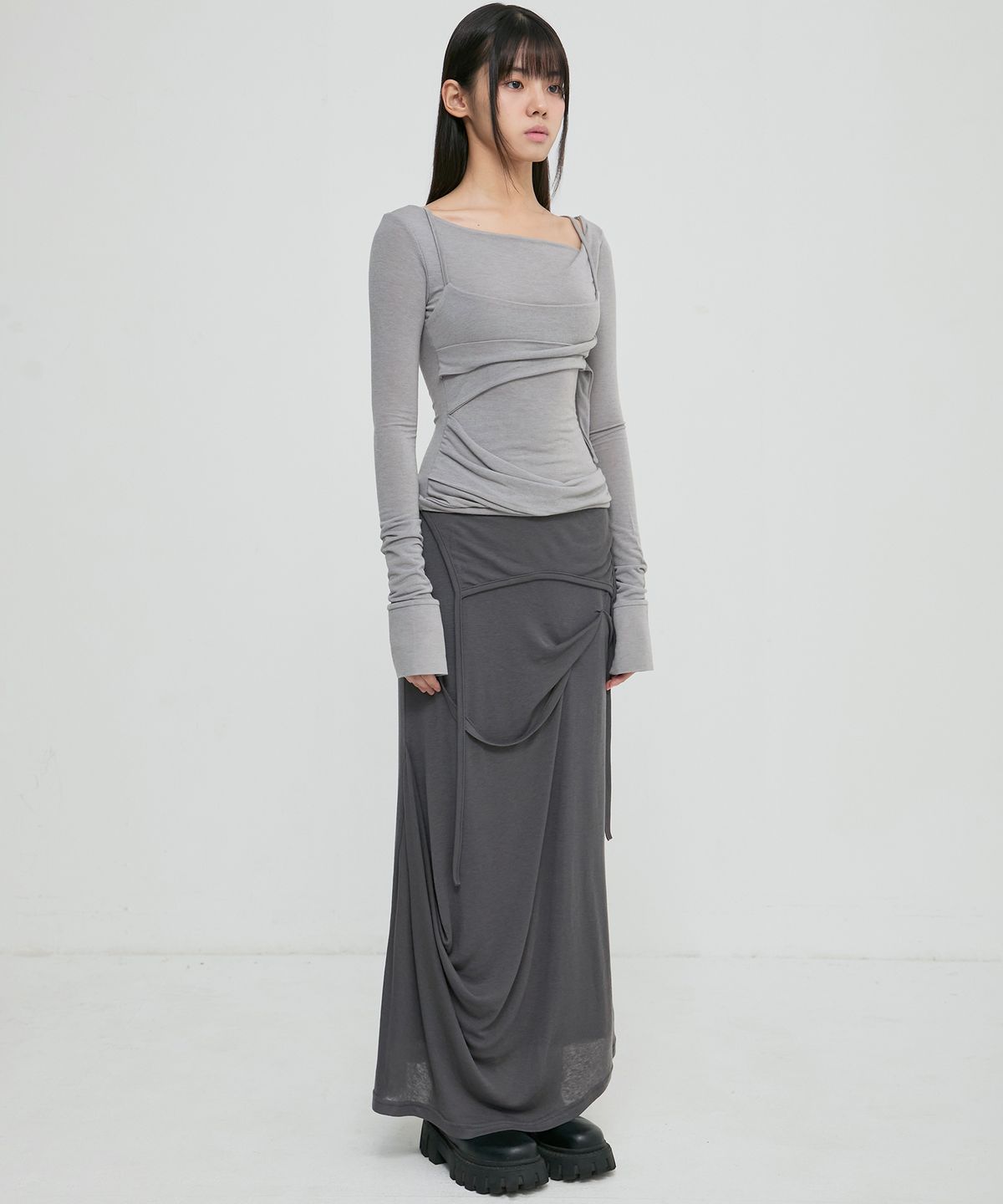 플레어업(FLAREUP) Asymmetrical Draped Long Skirt (FL-263_Dark Gray)