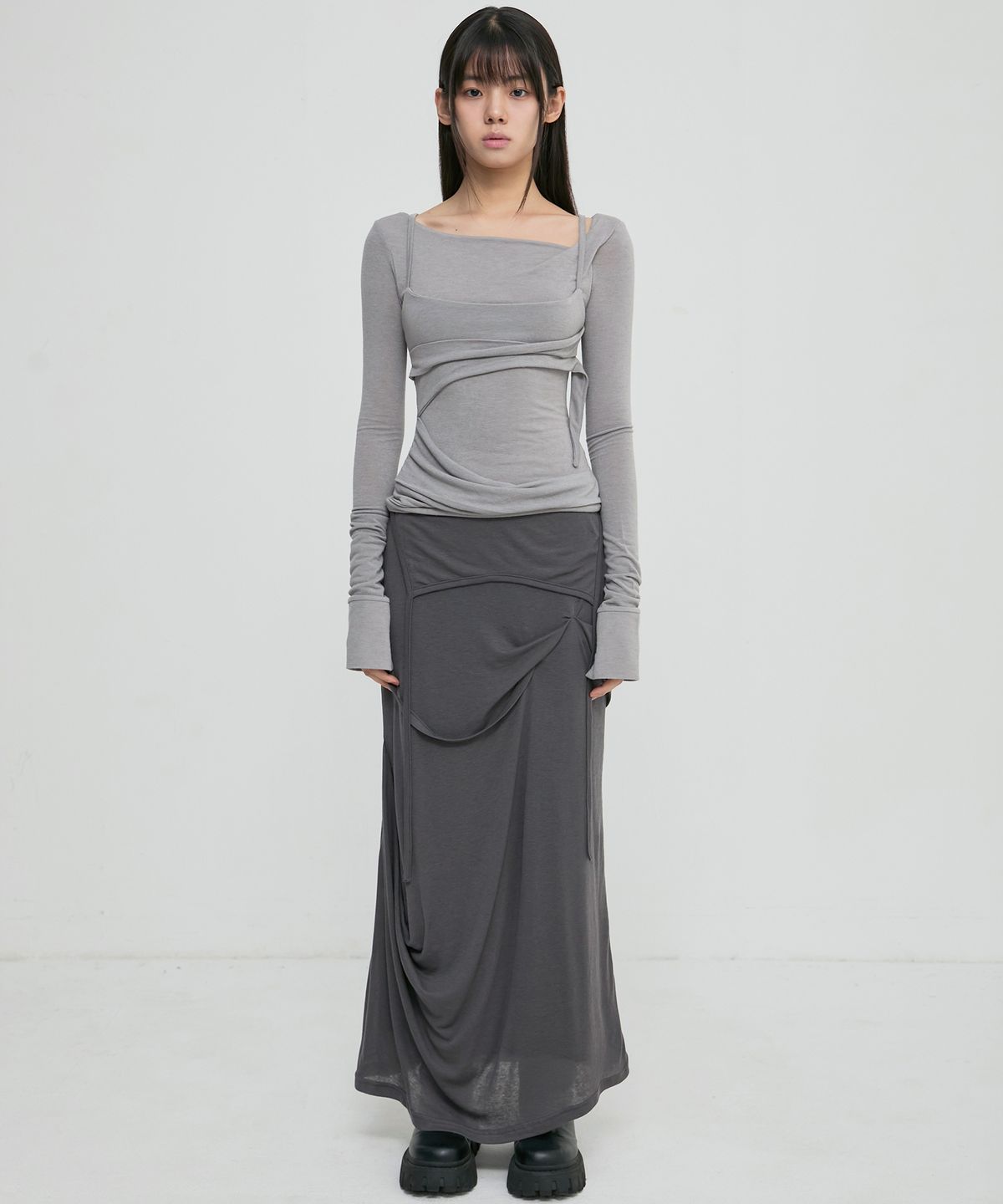 플레어업(FLAREUP) Asymmetrical Draped Long Skirt (FL-263_Dark Gray)