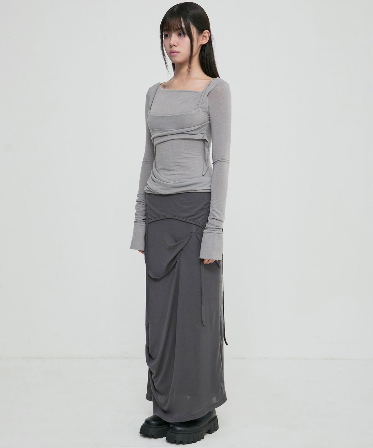 플레어업(FLAREUP) Asymmetrical Draped Long Skirt (FL-263_Dark Gray)
