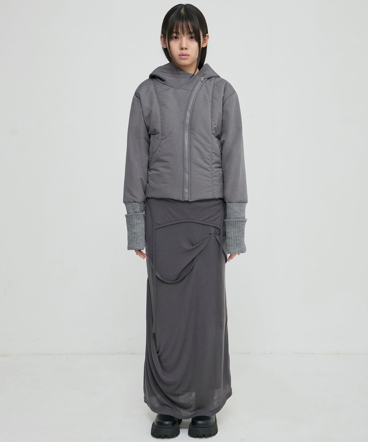 플레어업(FLAREUP) Asymmetrical Draped Long Skirt (FL-263_Dark Gray)