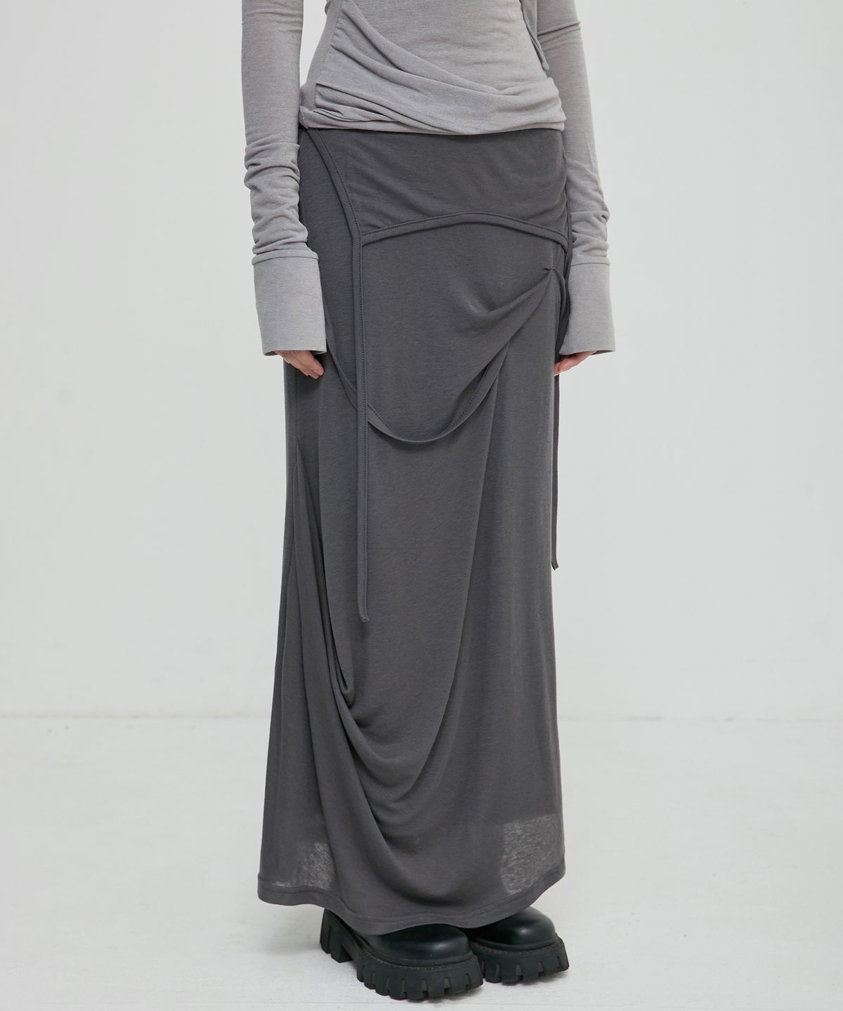 플레어업(FLAREUP) Asymmetrical Draped Long Skirt (FL-263_Dark Gray)