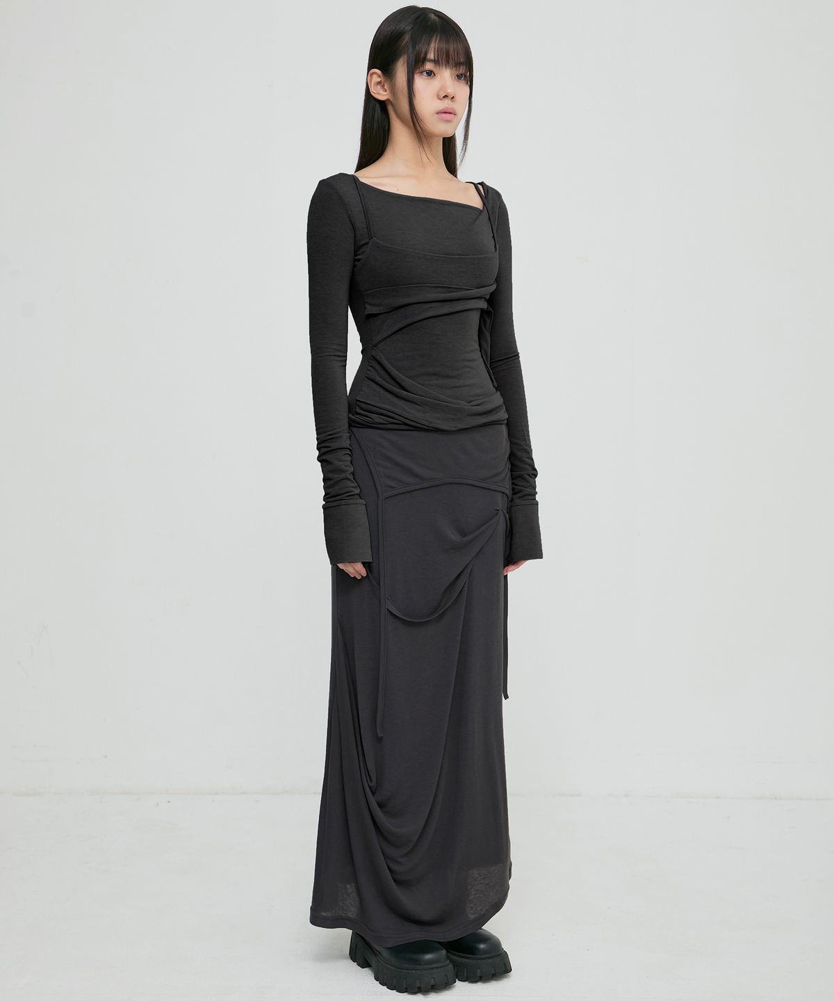 플레어업(FLAREUP) Asymmetrical Draped Long Skirt (FL-263_Black)