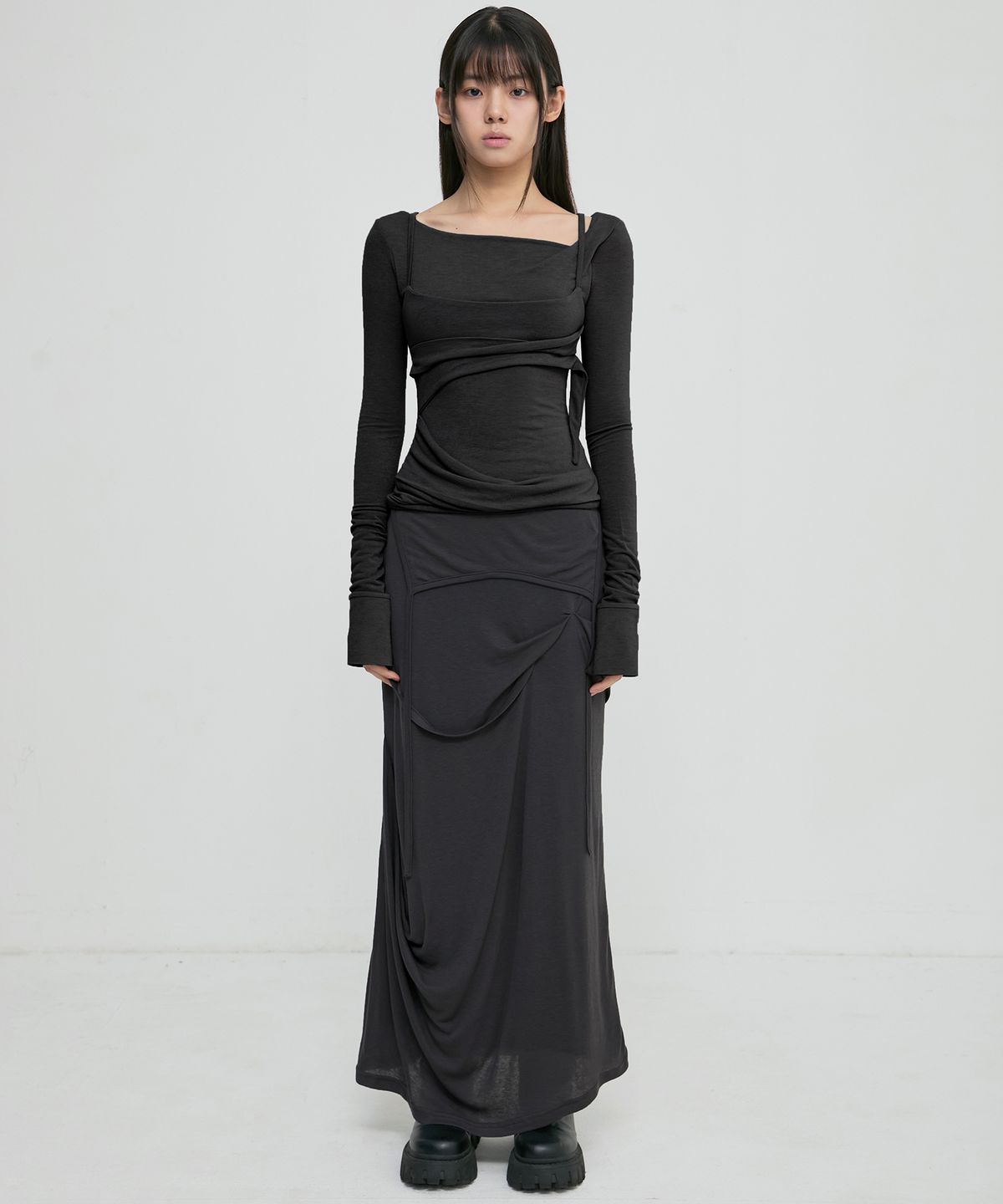 플레어업(FLAREUP) Asymmetrical Draped Long Skirt (FL-263_Black)