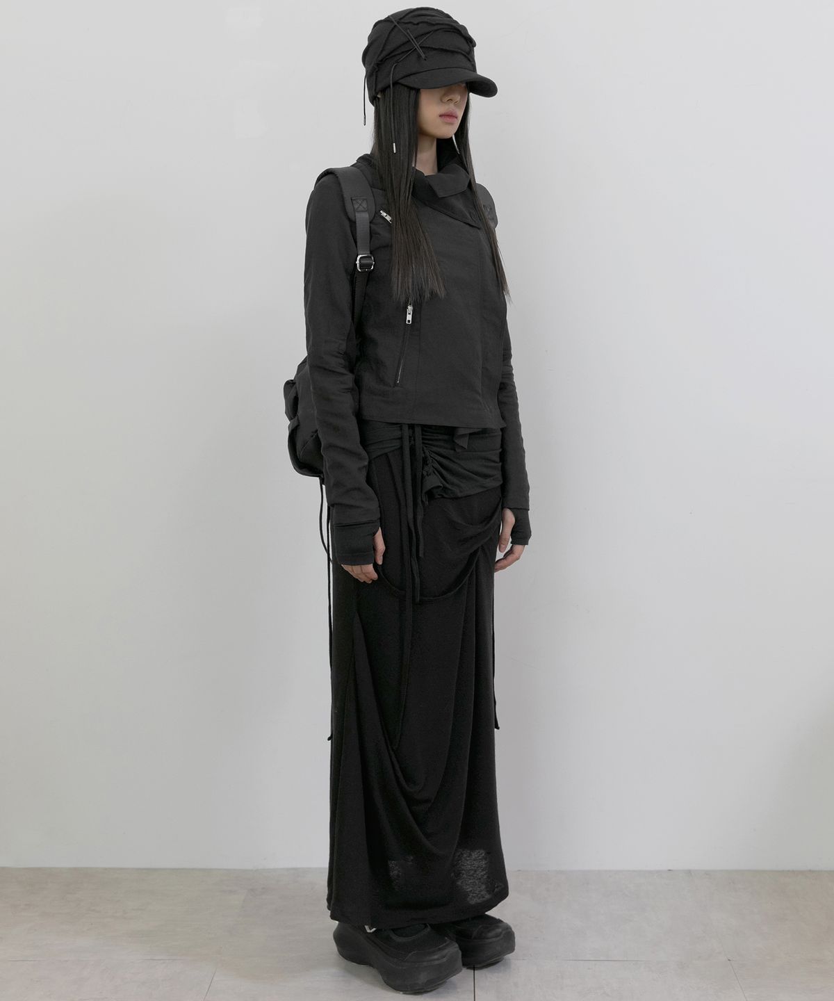 플레어업(FLAREUP) Asymmetrical Draped Long Skirt (FL-263_Black)